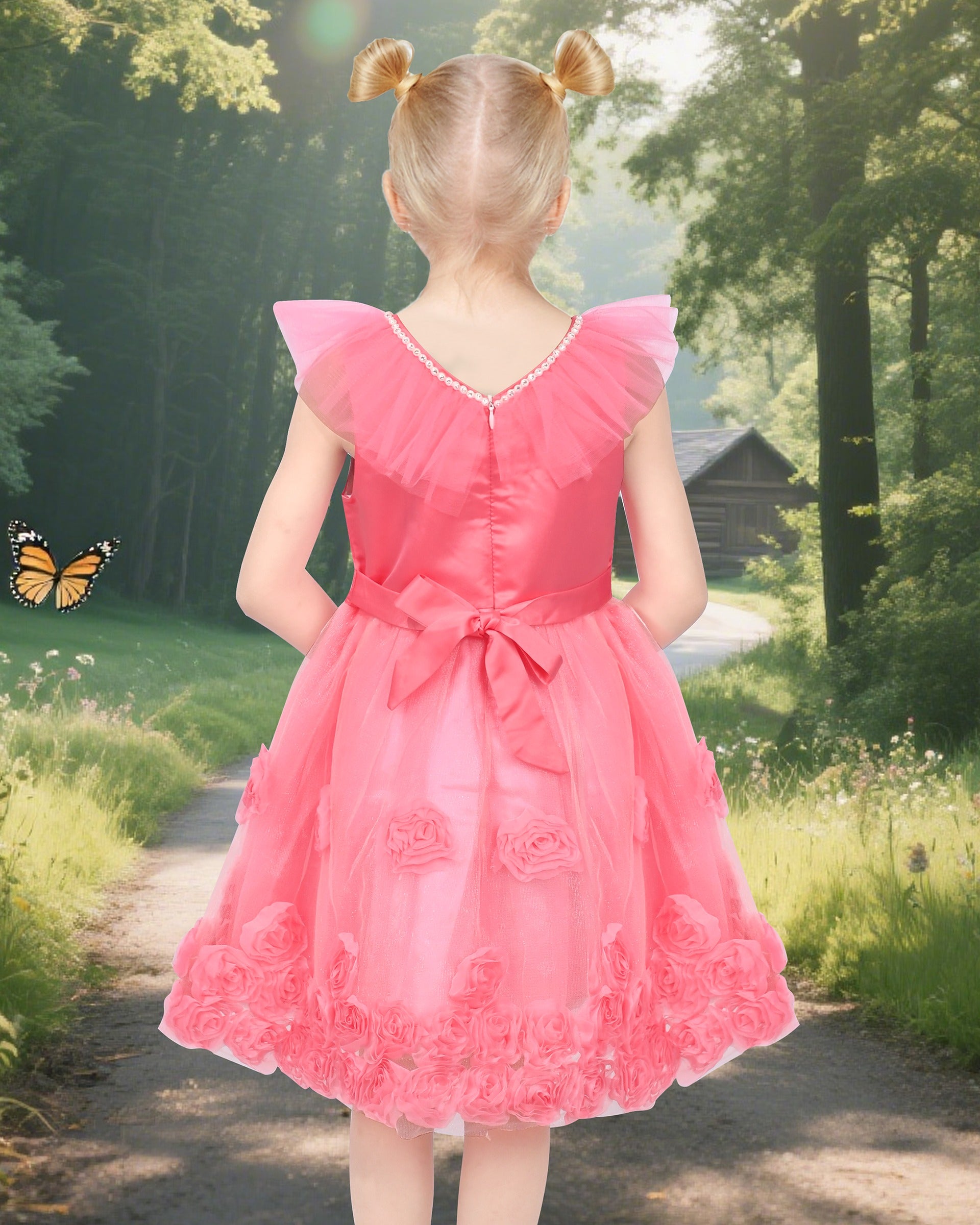 Pink Girls Dress Flutter Sleeves 3D Flower Layered Ruffled Design Party Princess Style for Birthday Wedding Red