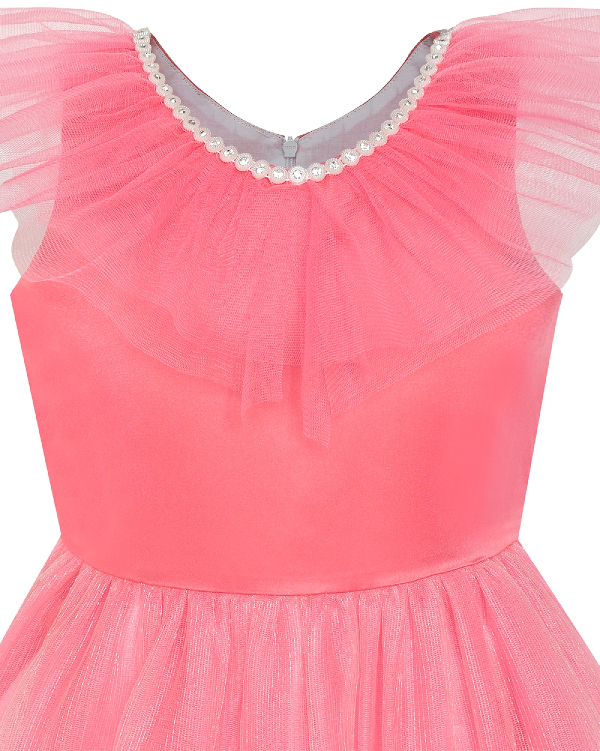 Pink Girls Dress Flutter Sleeves 3D Flower Layered Ruffled Design Party Princess Style for Birthday Wedding Red