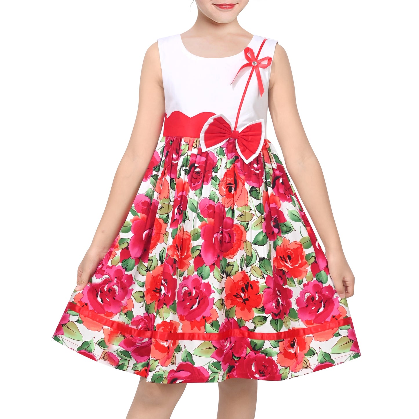 Girls Dress Pink Polka Dot Pocket Button School Summer Sleeveless Cotton Red