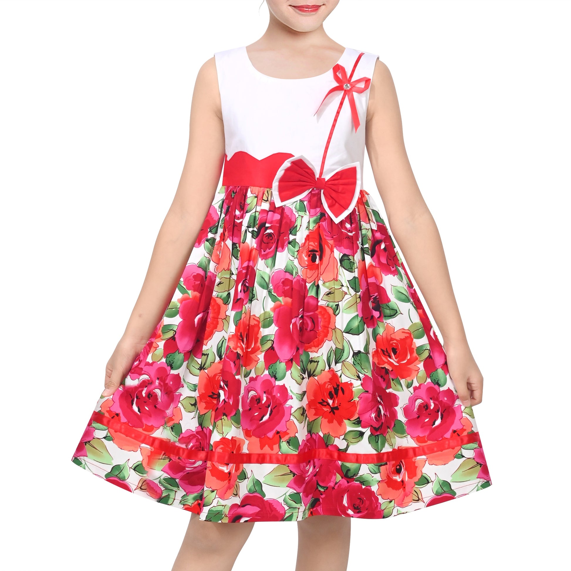 Girls Dress Pink Polka Dot Pocket Button School Summer Sleeveless Cotton Red