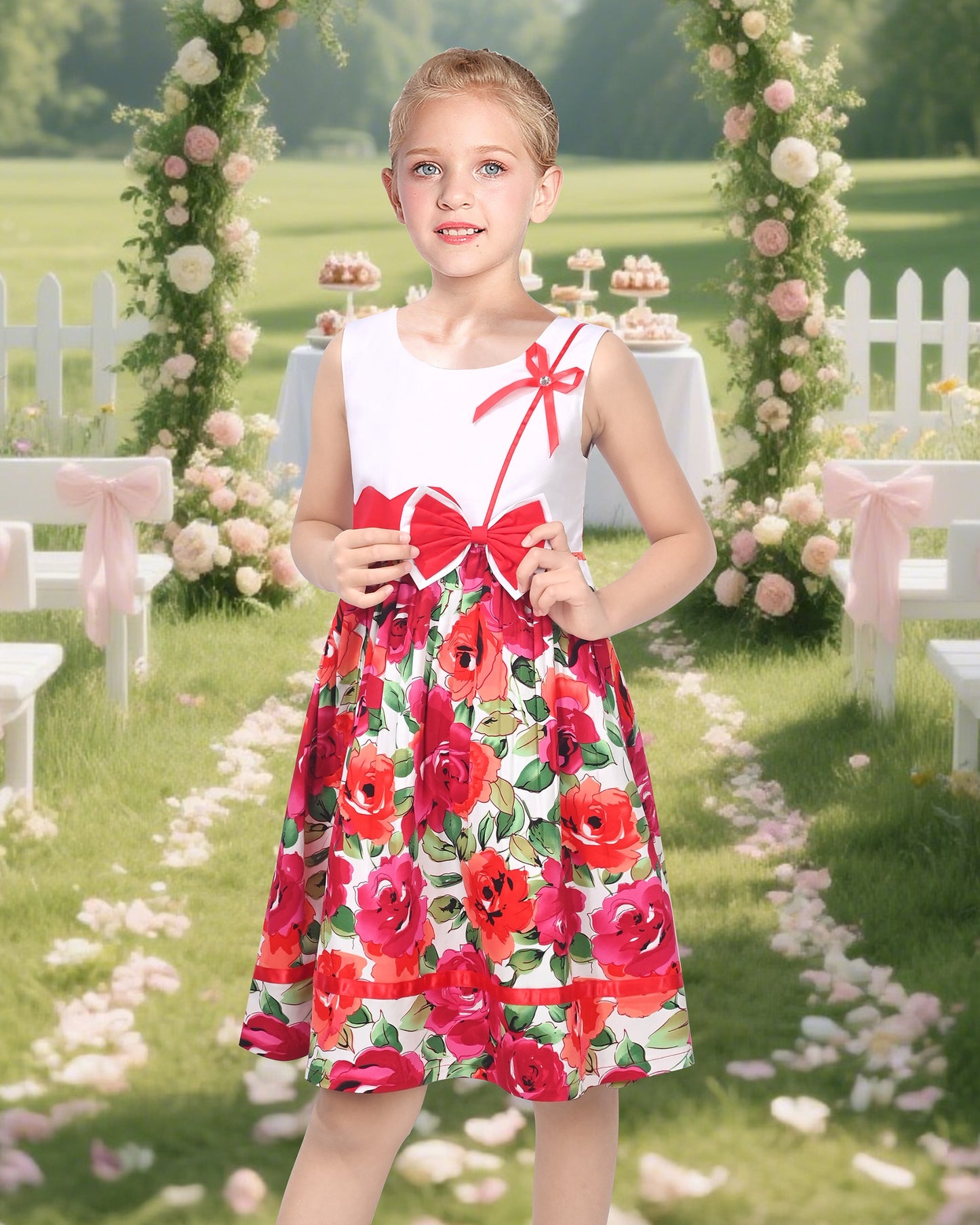 Girls Dress Pink Polka Dot Pocket Button School Summer Sleeveless Cotton Red