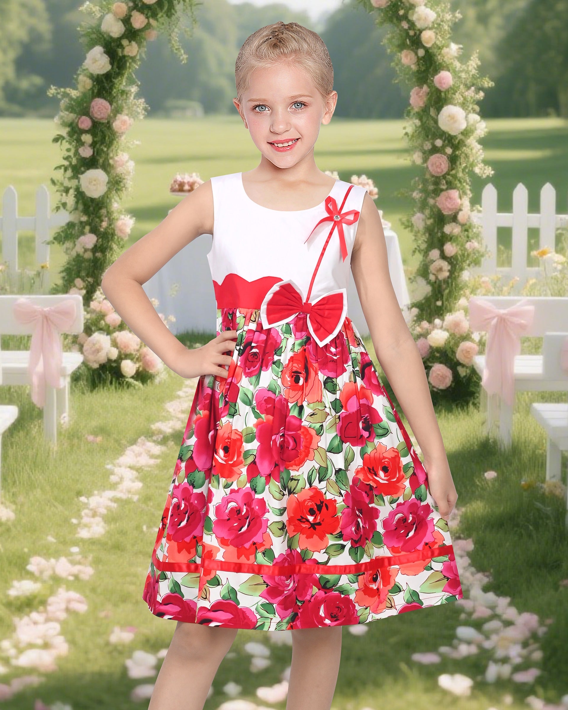 Girls Dress Pink Polka Dot Pocket Button School Summer Sleeveless Cotton Red