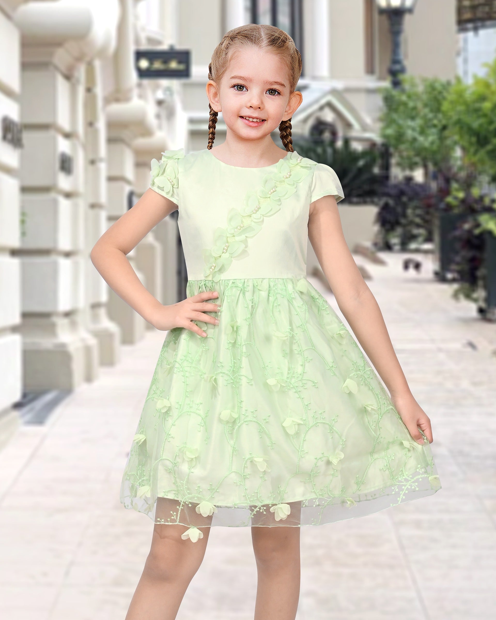 Flower Girl Dresses Sweet Pink Party Bow Tulle Princess Party Lace Cap Sleeve Wedding Easter Green