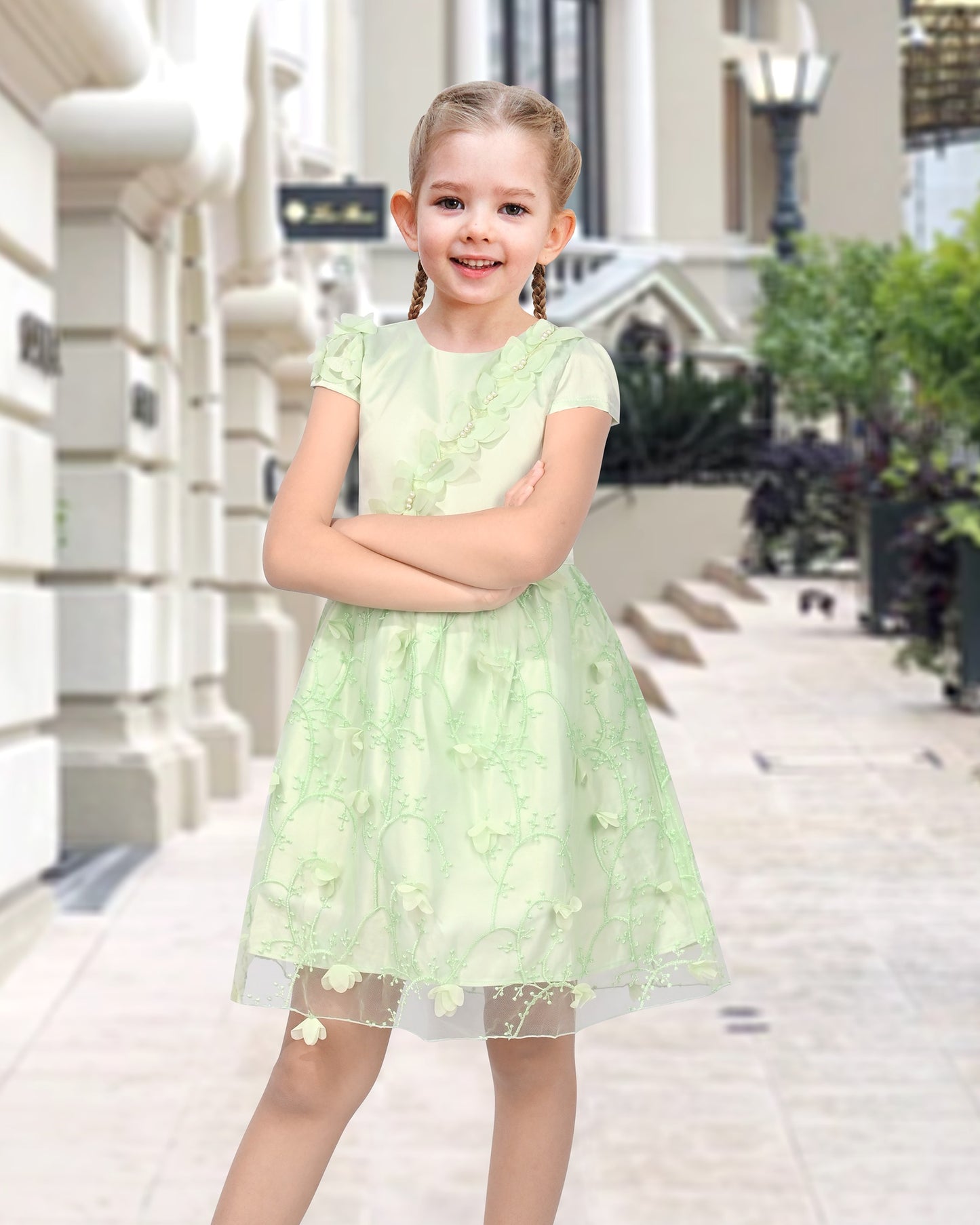 Flower Girl Dresses Sweet Pink Party Bow Tulle Princess Party Lace Cap Sleeve Wedding Easter Green
