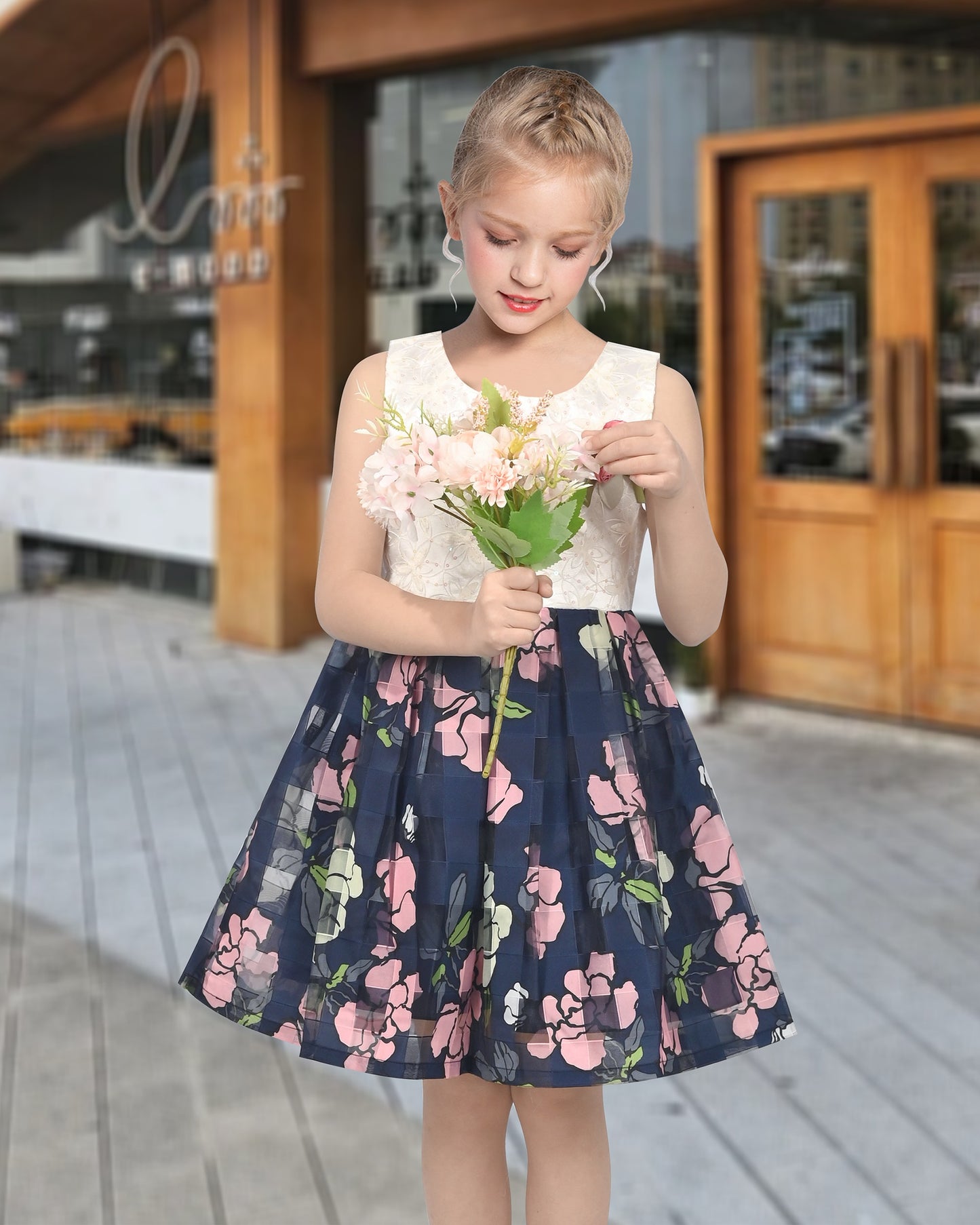 Girls Dress Purple Flower Bow Tie Wedding Party Children Clothes Size Blue