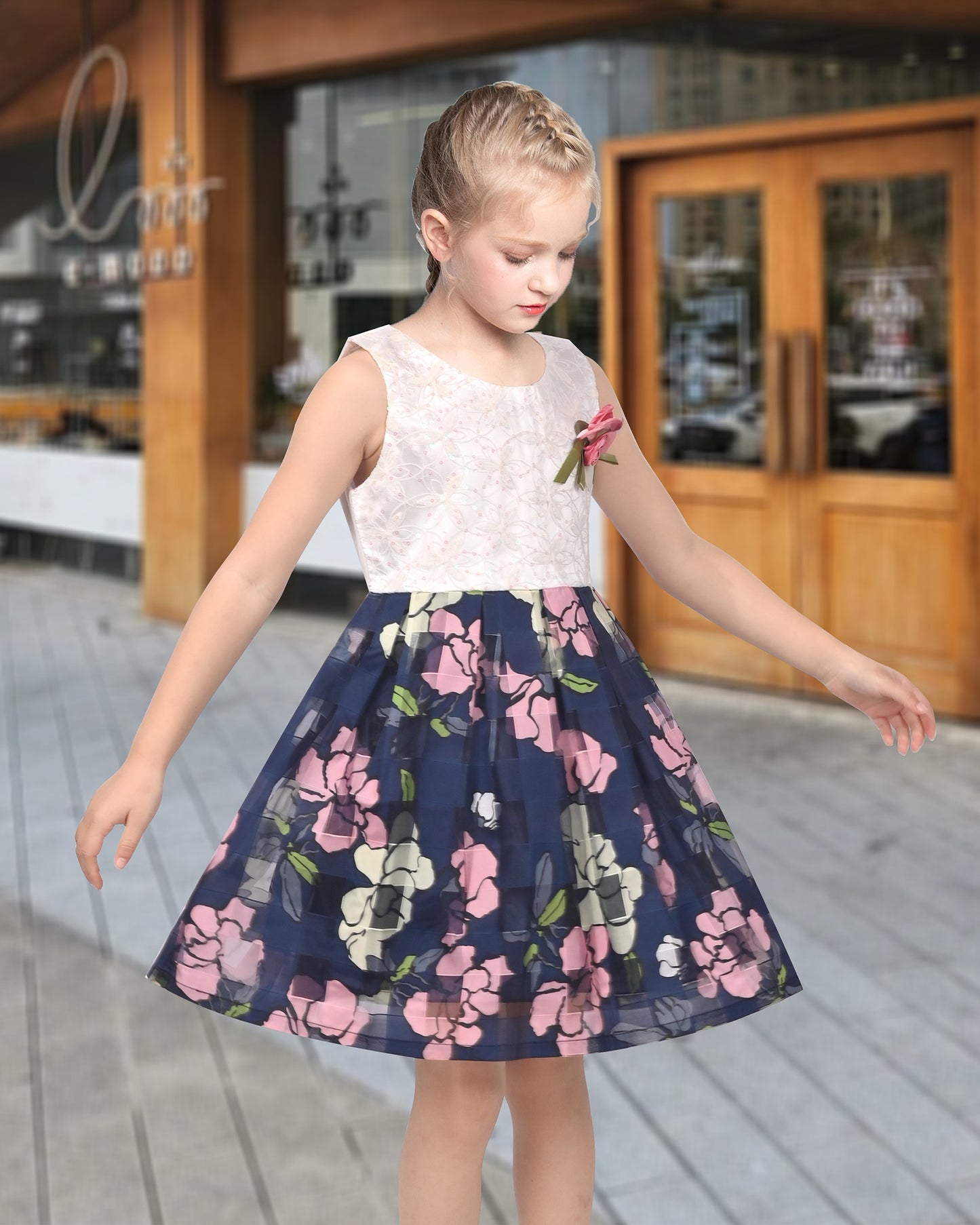 Girls Dress Purple Flower Bow Tie Wedding Party Children Clothes Size Blue