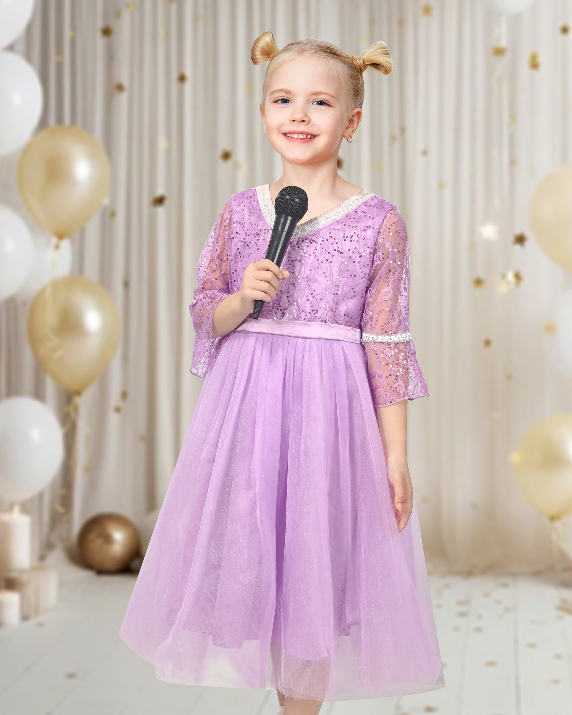 Girls Dress Purple Lace Tulle Princess V Neck Sequin Bell Sleeve Pageant Party Event Purple