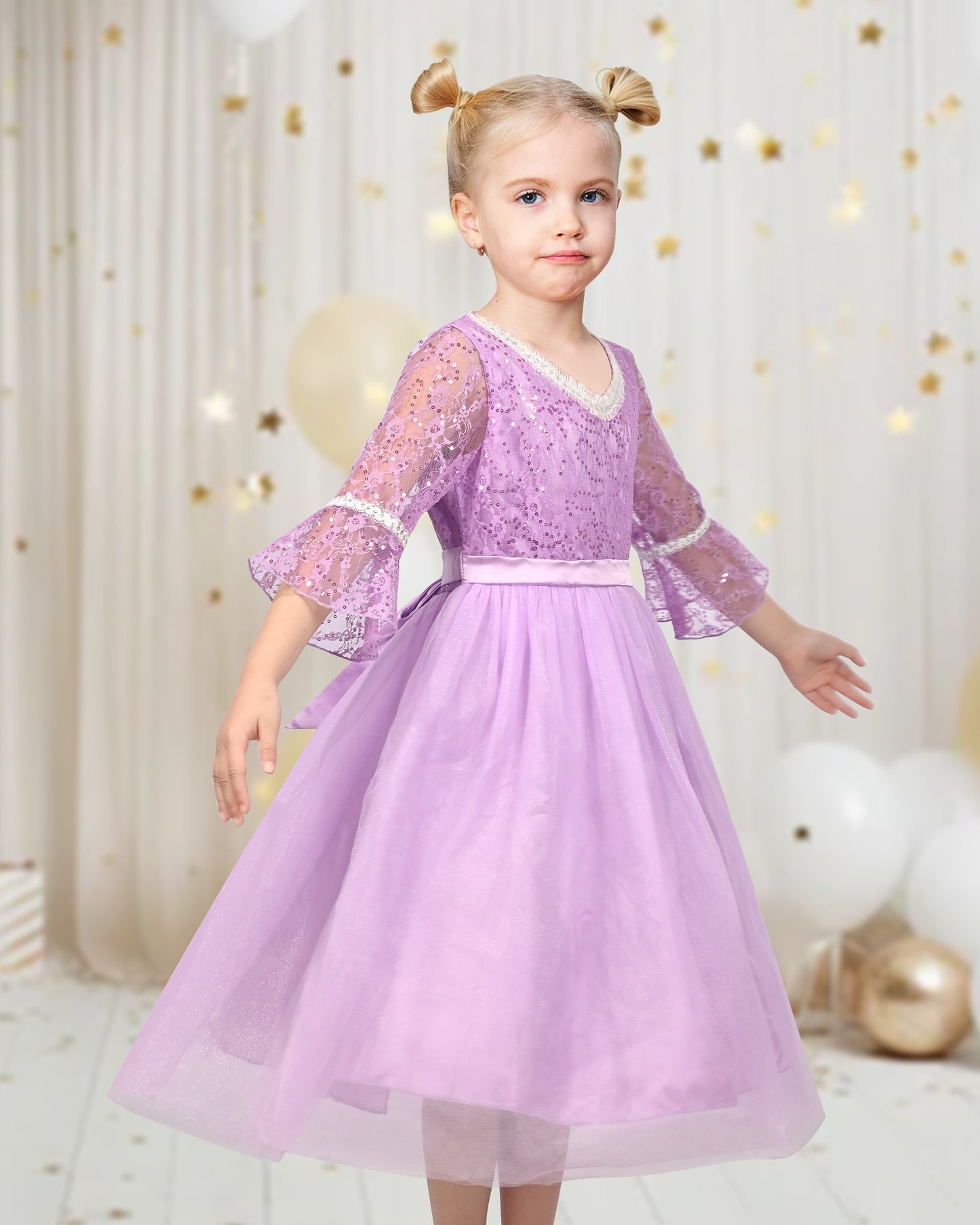 Girls Dress Purple Lace Tulle Princess V Neck Sequin Bell Sleeve Pageant Party Event Purple