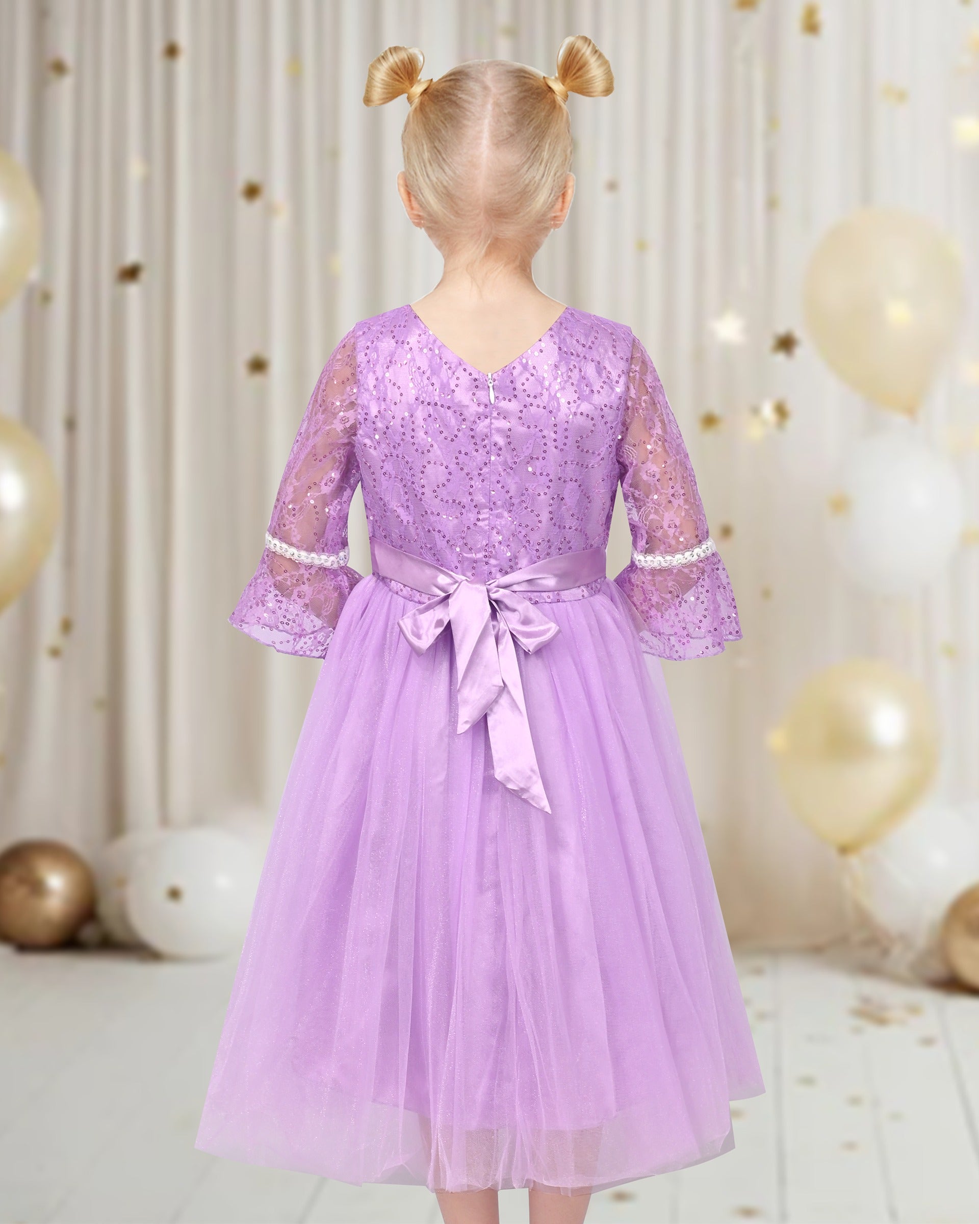 Girls Dress Purple Lace Tulle Princess V Neck Sequin Bell Sleeve Pageant Party Event Purple