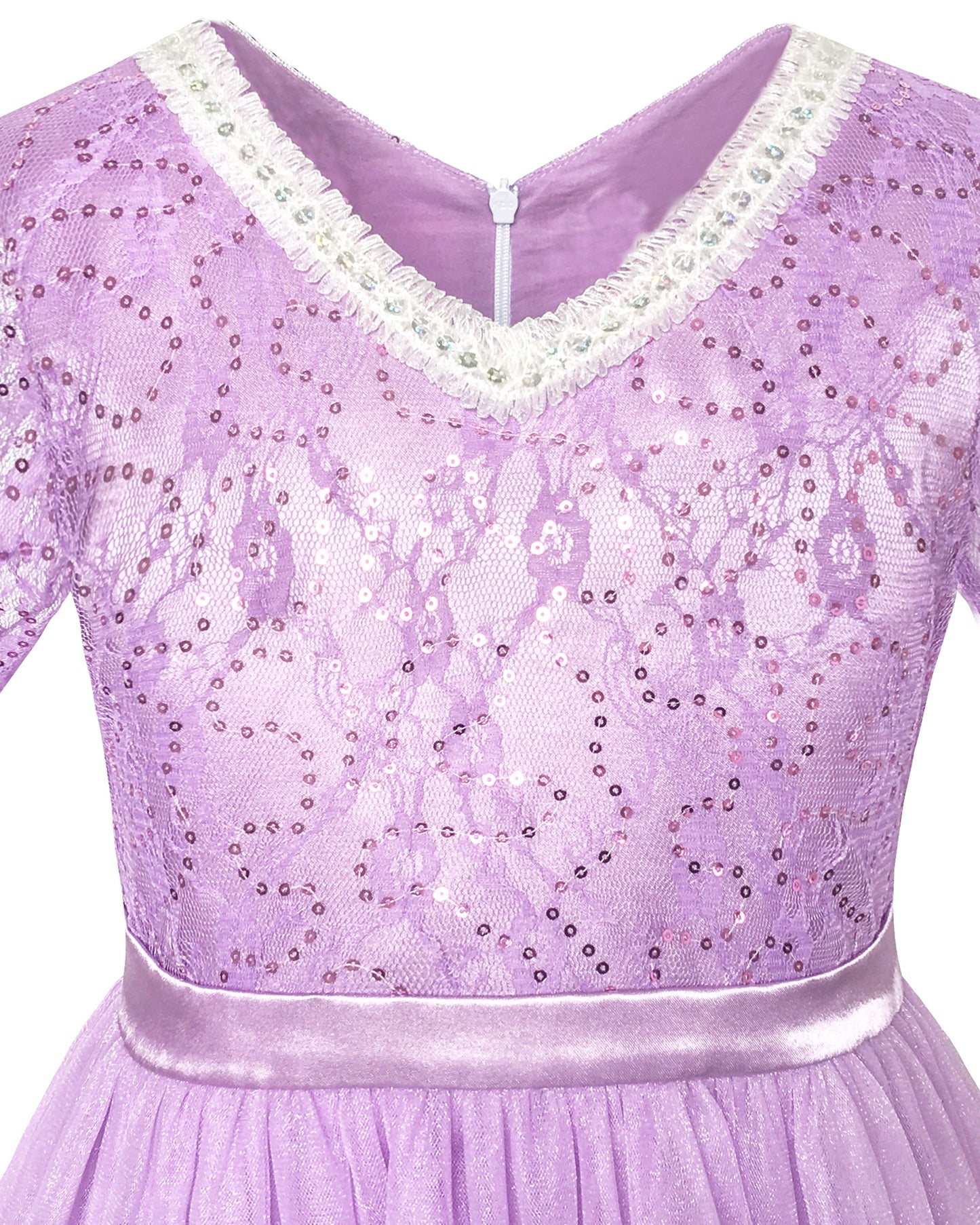 Girls Dress Purple Lace Tulle Princess V Neck Sequin Bell Sleeve Pageant Party Event Purple