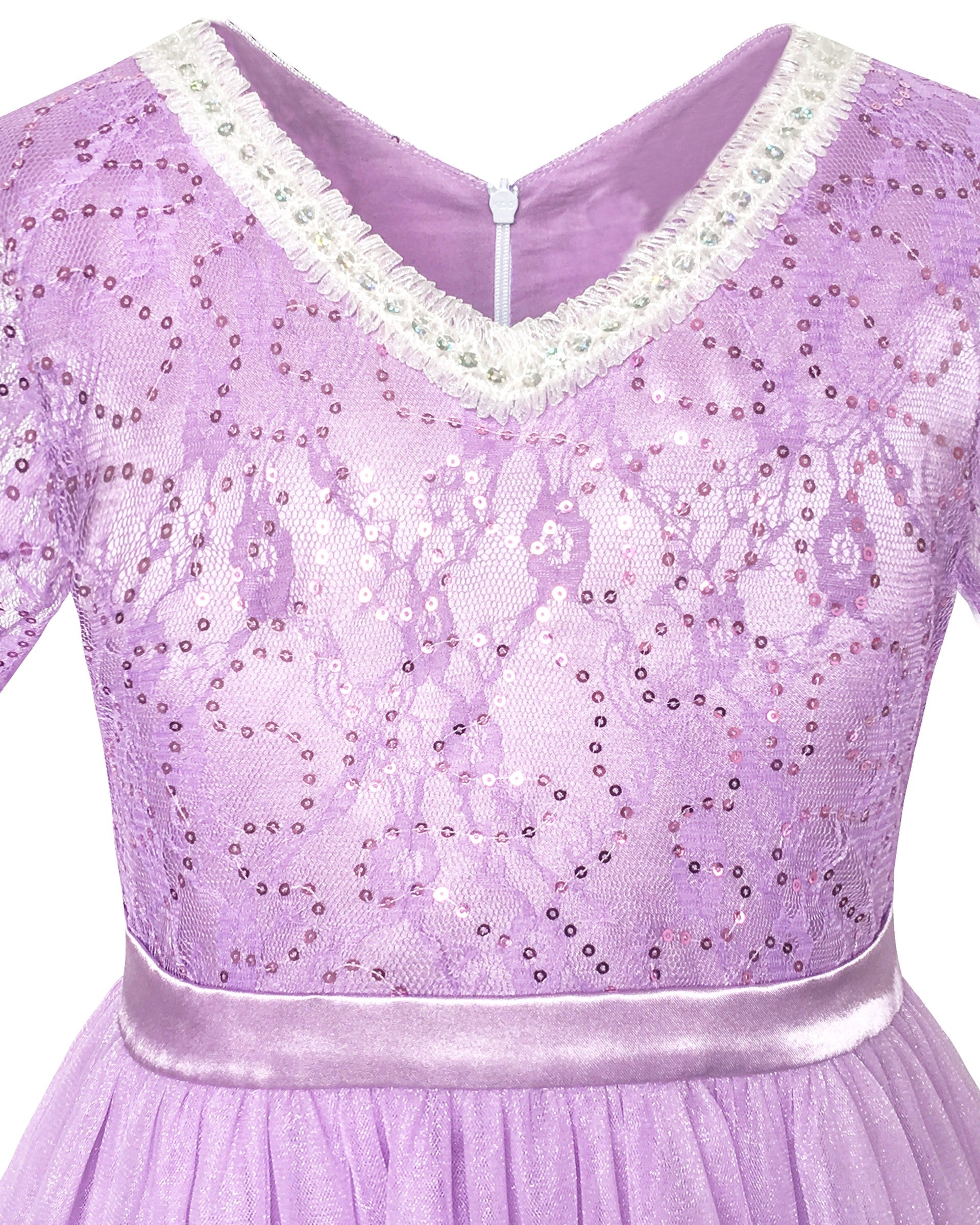 Girls Dress Purple Lace Tulle Princess V Neck Sequin Bell Sleeve Pageant Party Event Purple