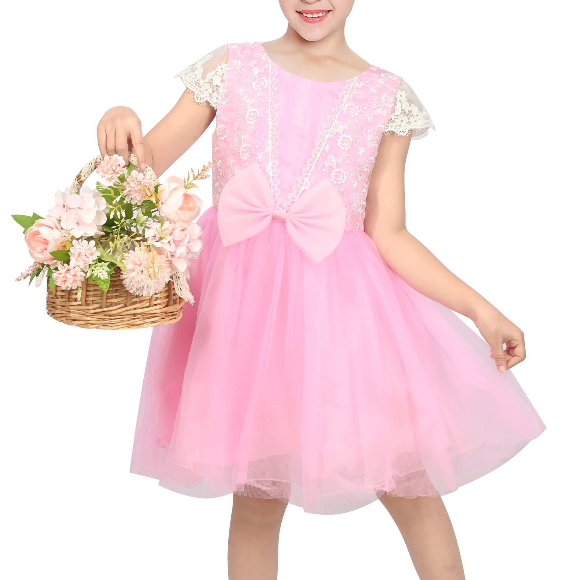 Flower Girl Dresses Sweet Pink Party Bow Tulle Princess Party Lace Cap Sleeve Wedding Easter Pink