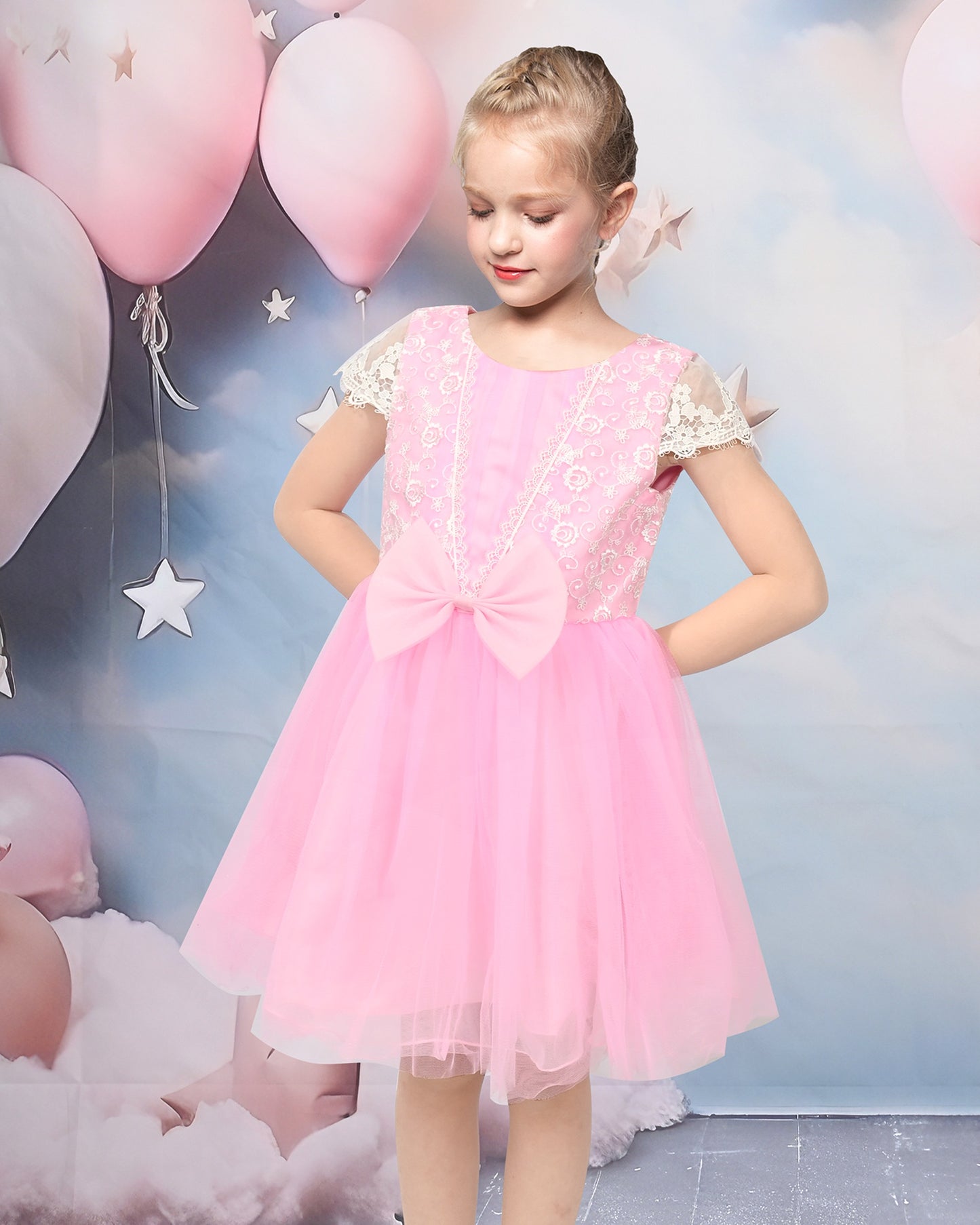 Flower Girl Dresses Sweet Pink Party Bow Tulle Princess Party Lace Cap Sleeve Wedding Easter Pink
