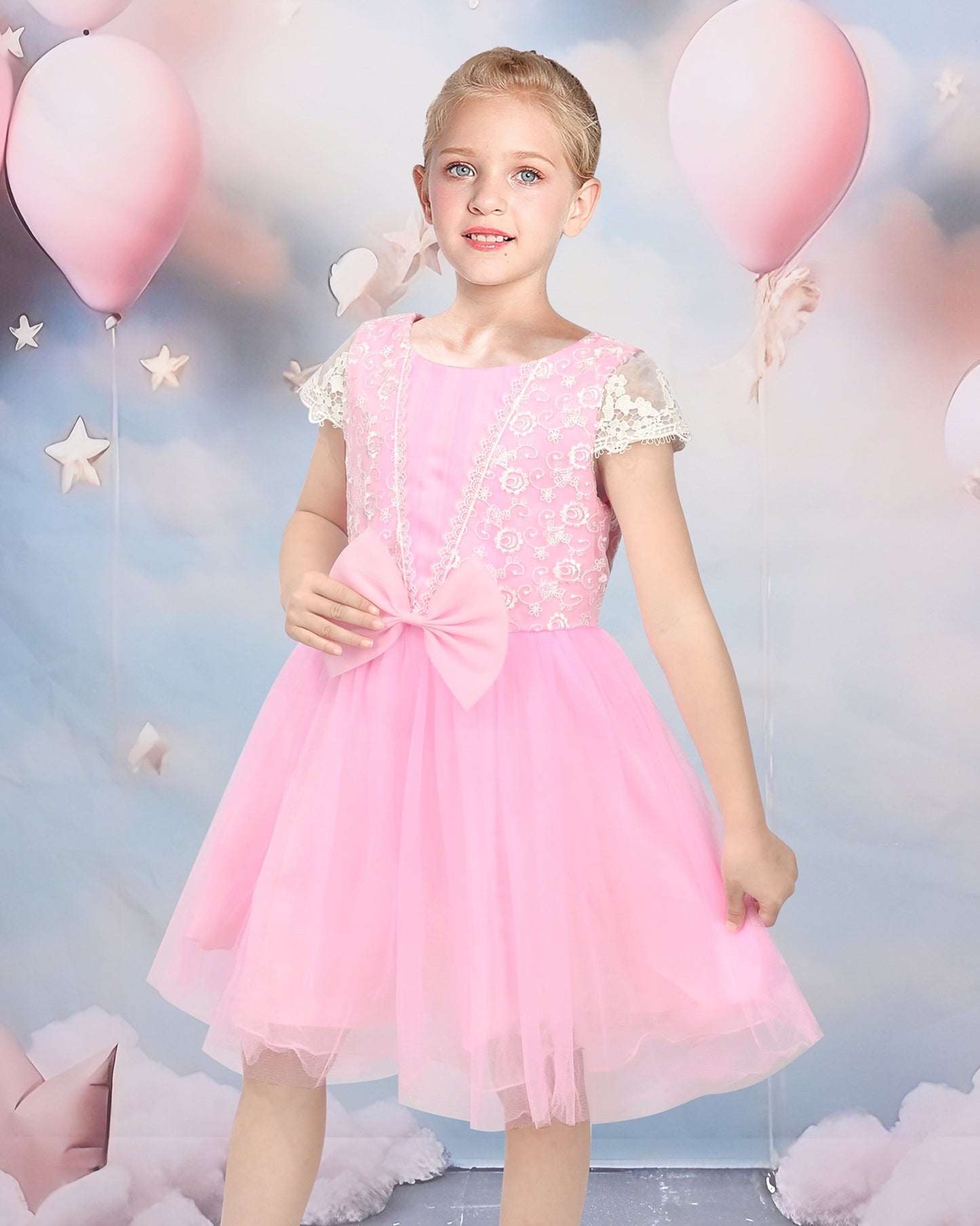 Flower Girl Dresses Sweet Pink Party Bow Tulle Princess Party Lace Cap Sleeve Wedding Easter Pink