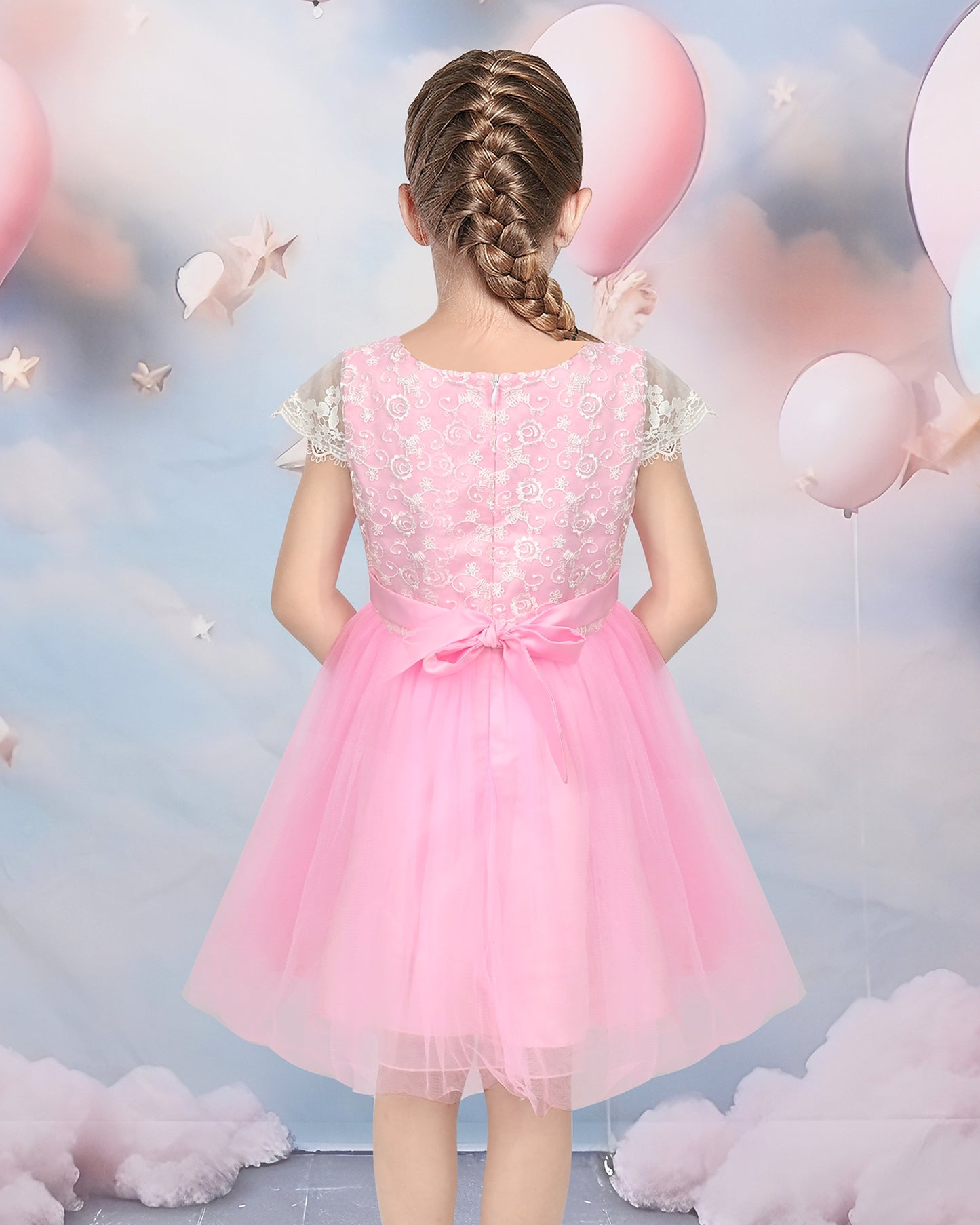 Flower Girl Dresses Sweet Pink Party Bow Tulle Princess Party Lace Cap Sleeve Wedding Easter Pink