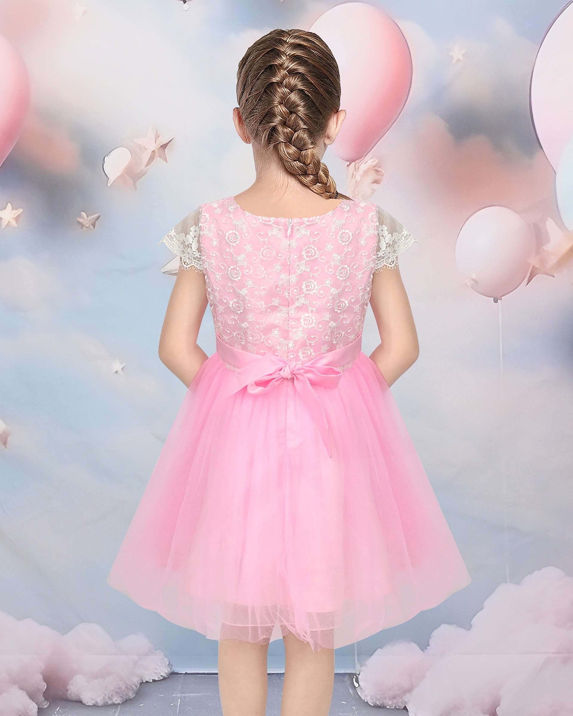 Flower Girl Dresses Sweet Pink Party Bow Tulle Princess Party Lace Cap Sleeve Wedding Easter Pink