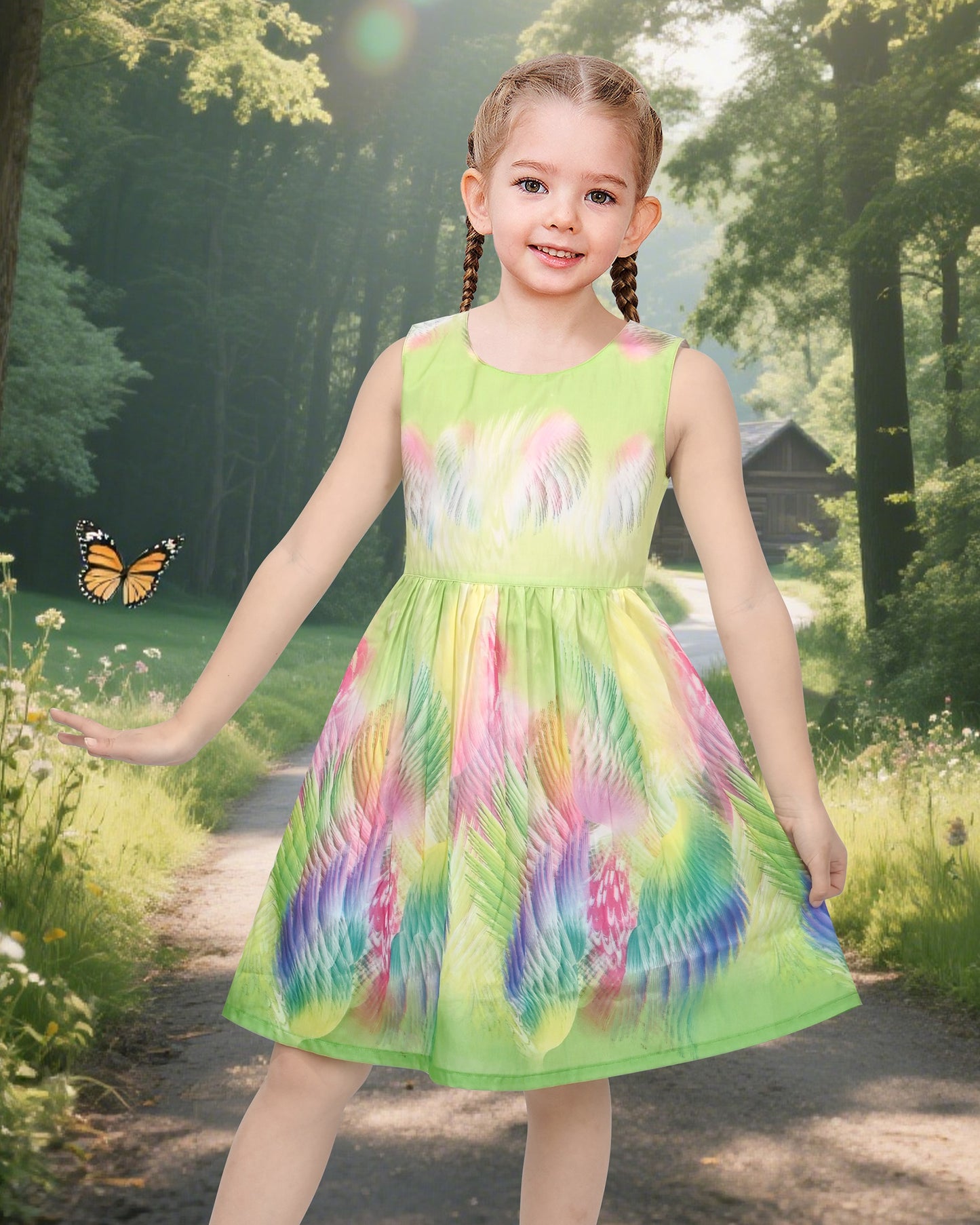 Girls Dress Sunflower Garden Turn-Down Collar Sleeveless Green