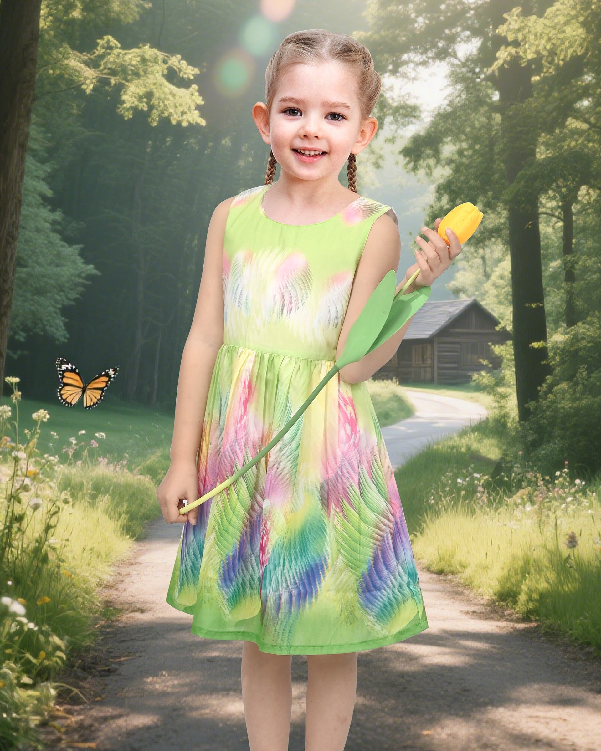 Girls Dress Sunflower Garden Turn-Down Collar Sleeveless Green