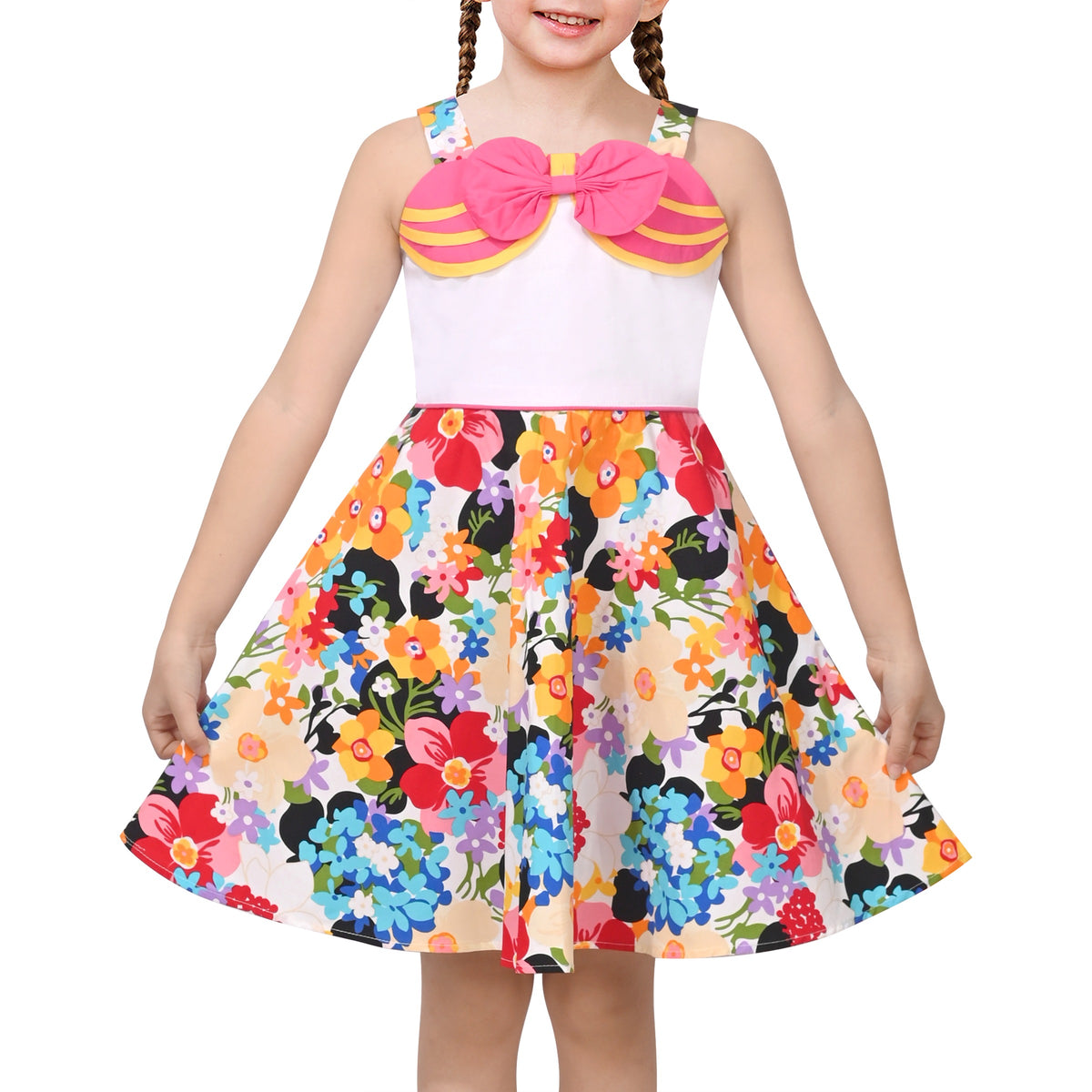 Girls Pink Heart Print Bow Tie Party Sundress Kids Clothes SZ - Floral Pink Bow