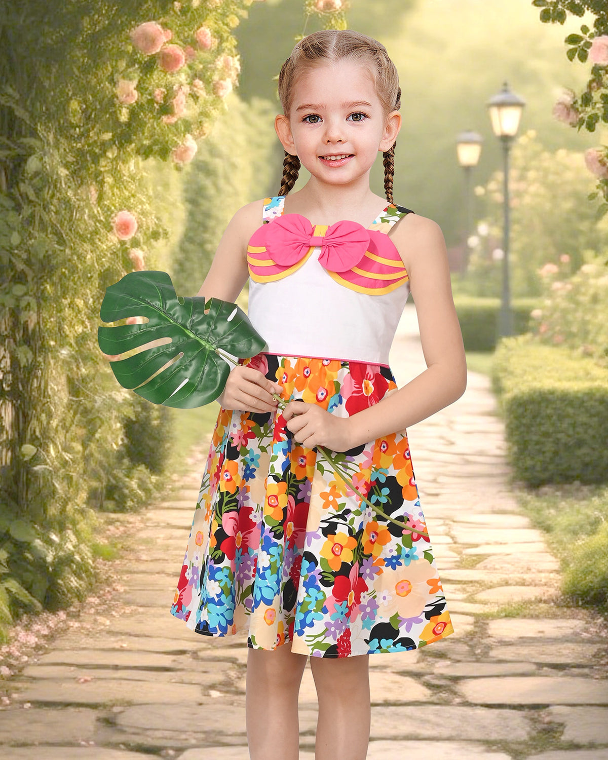 Girls Pink Heart Print Bow Tie Party Sundress Kids Clothes SZ - Floral Pink Bow
