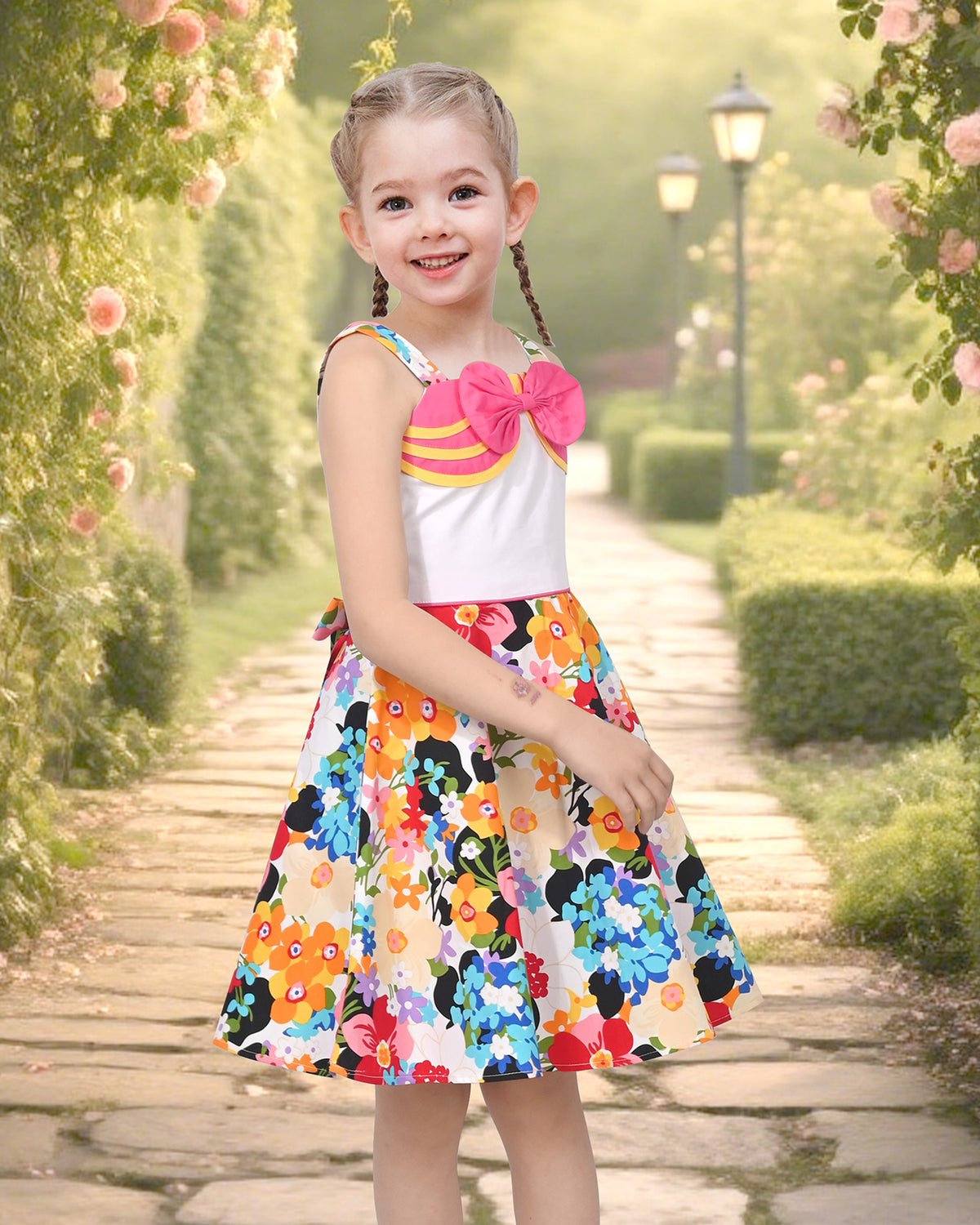 Girls Pink Heart Print Bow Tie Party Sundress Kids Clothes SZ - Floral Pink Bow