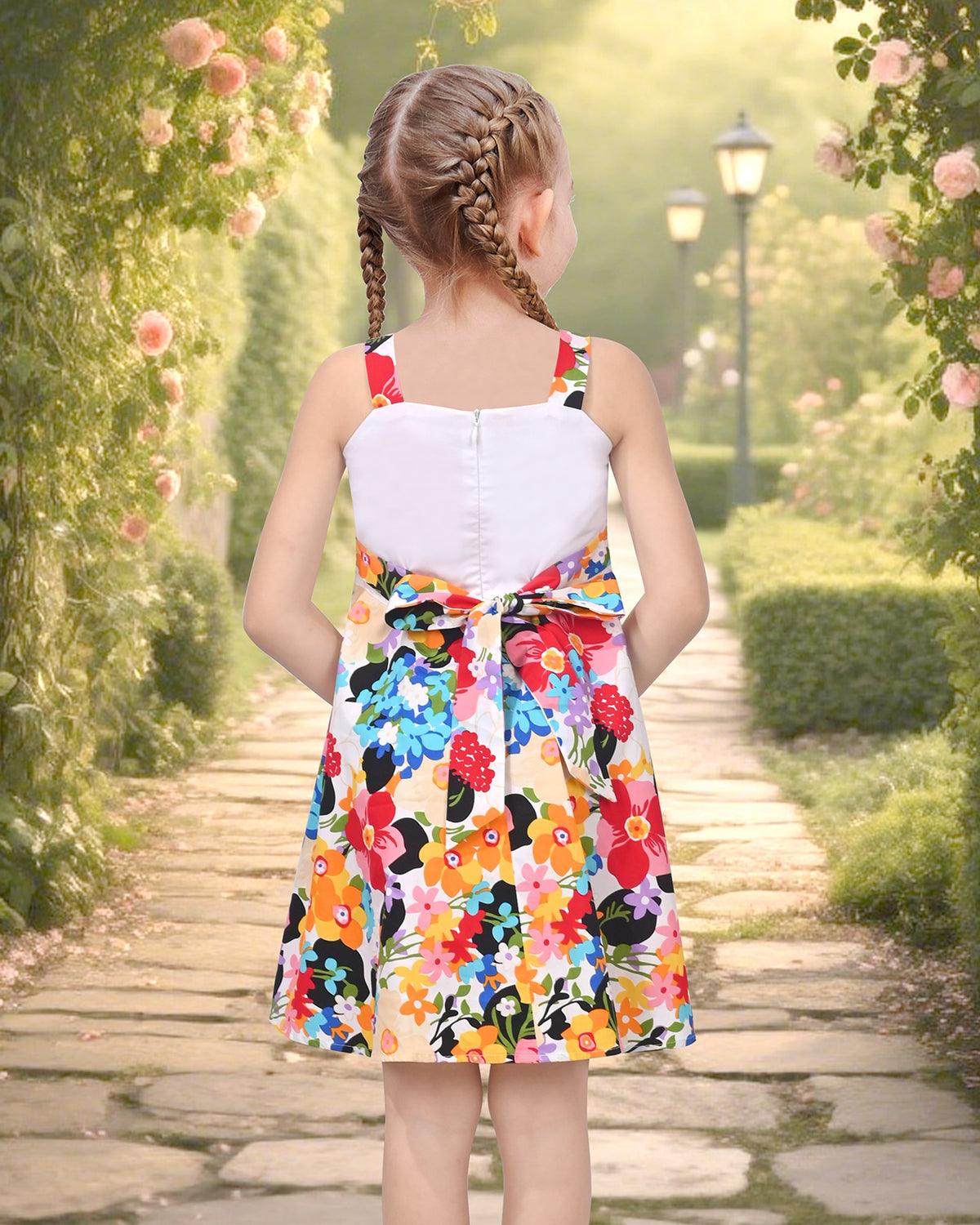 Girls Pink Heart Print Bow Tie Party Sundress Kids Clothes SZ - Floral Pink Bow