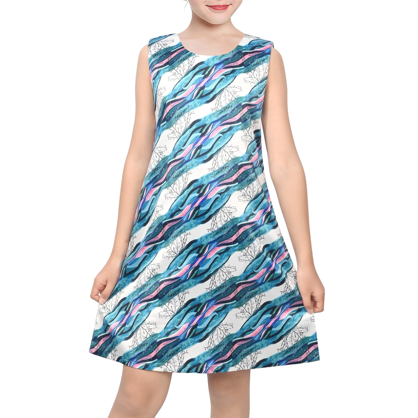 Girls Sleeveless A-Line Dress Satin Colorful Floral Print Knee Length Casual Beach Party Summer Holiday Blue