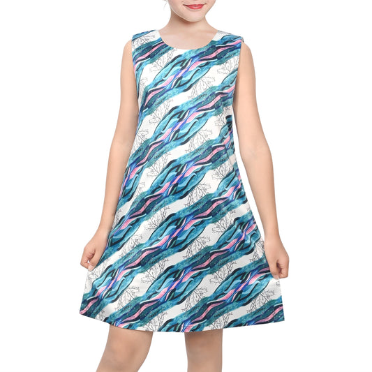 Girls Sleeveless A-Line Dress Satin Colorful Floral Print Knee Length Casual Beach Party Summer Holiday Blue