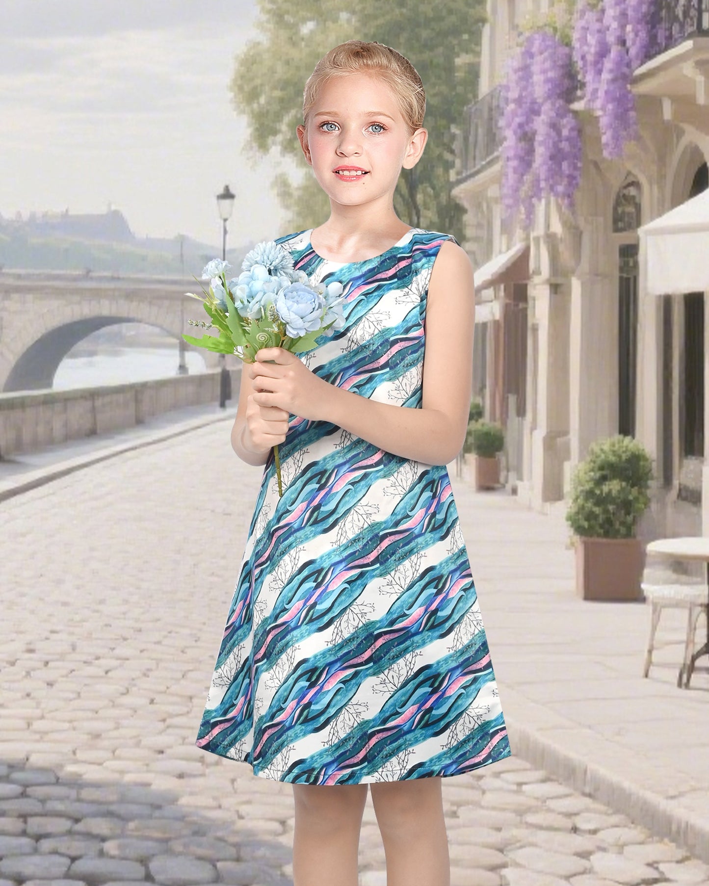 Girls Sleeveless A-Line Dress Satin Colorful Floral Print Knee Length Casual Beach Party Summer Holiday Blue