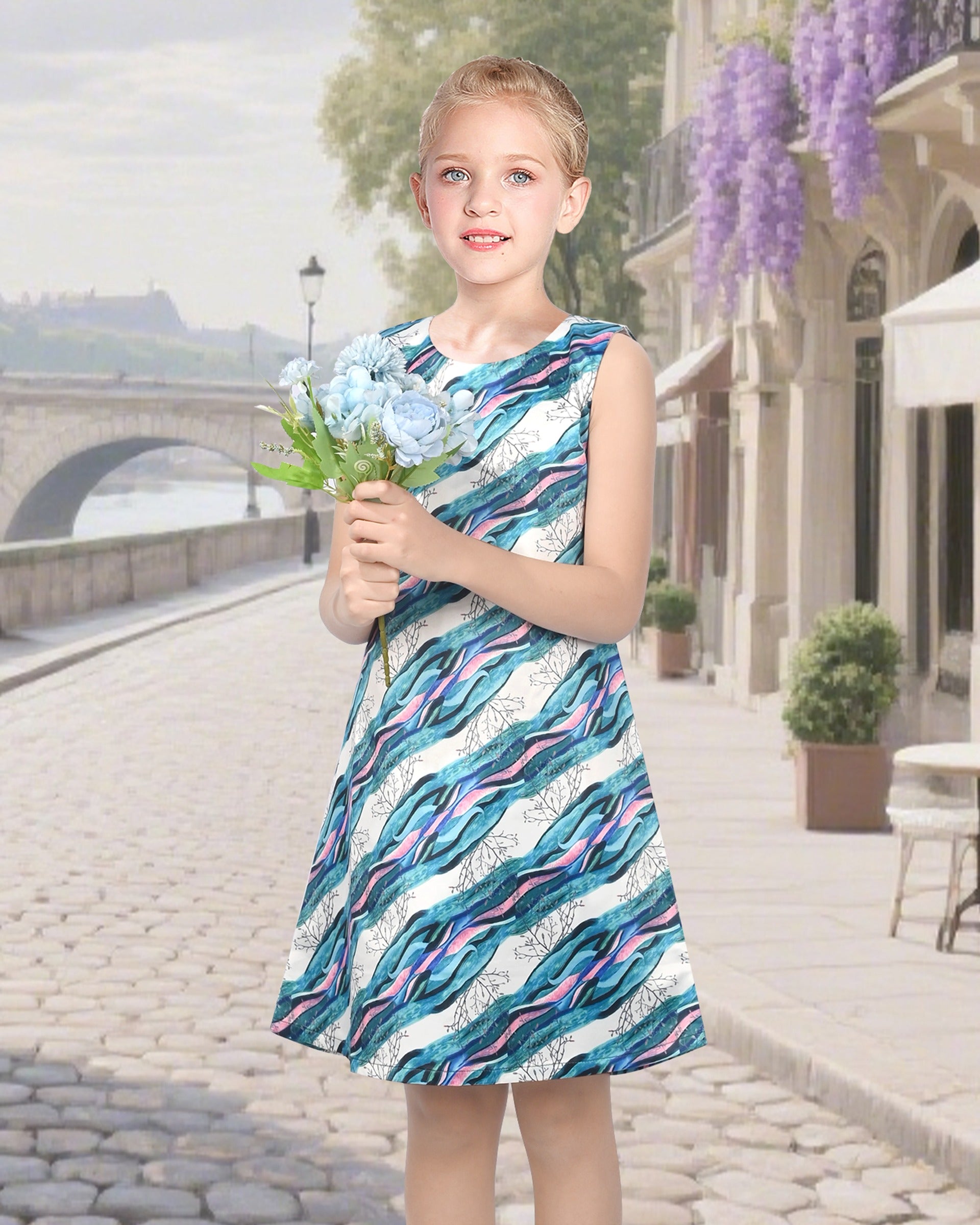 Girls Sleeveless A-Line Dress Satin Colorful Floral Print Knee Length Casual Beach Party Summer Holiday Blue