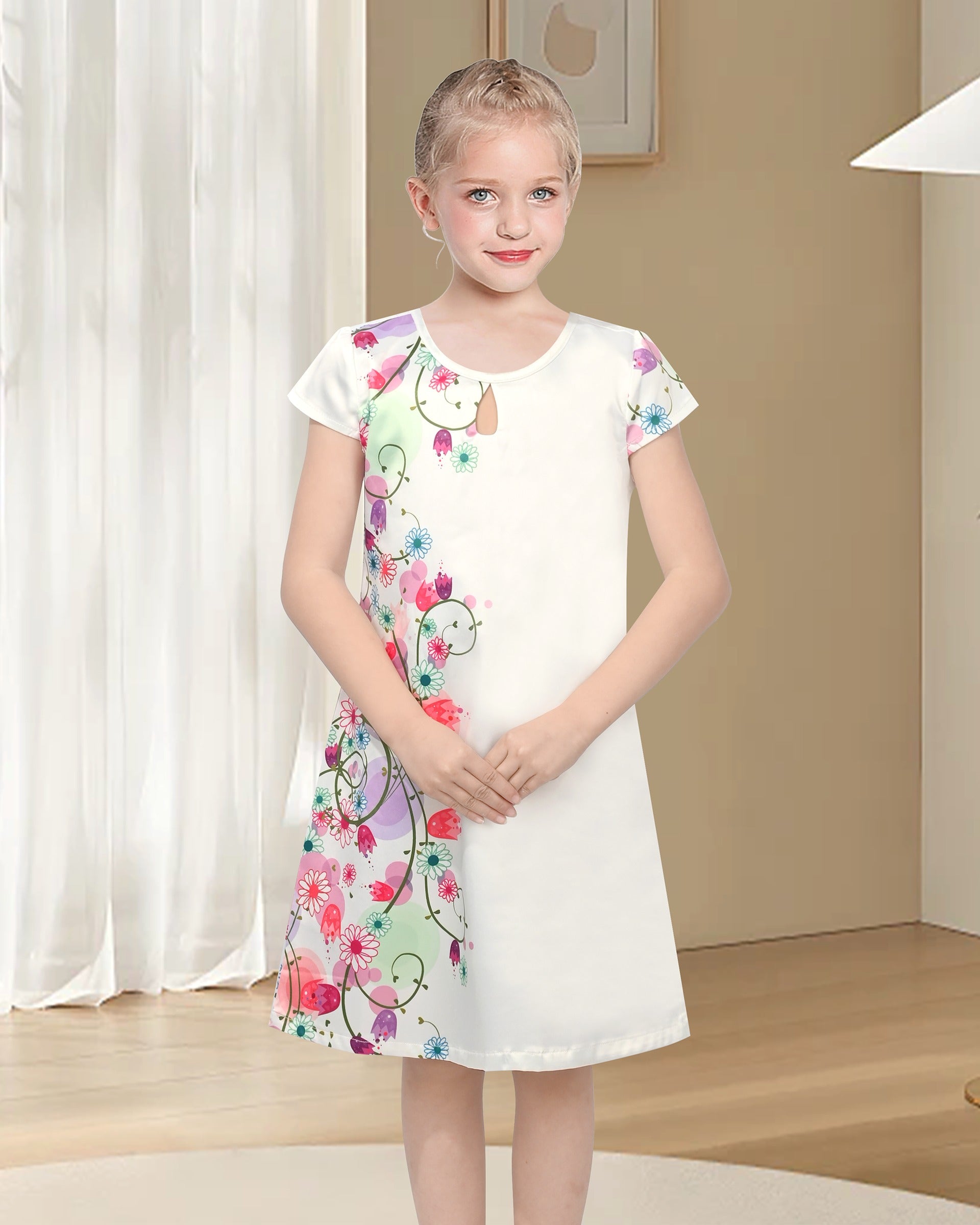 Girls Sleeveless A-Line Dress Satin Colorful Floral Print Knee Length Casual Beach Party Summer Holiday White