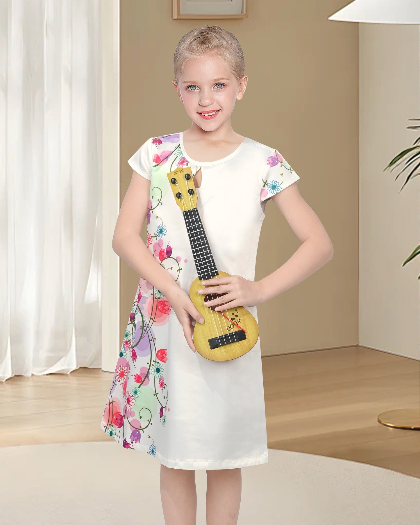 Girls Sleeveless A-Line Dress Satin Colorful Floral Print Knee Length Casual Beach Party Summer Holiday White