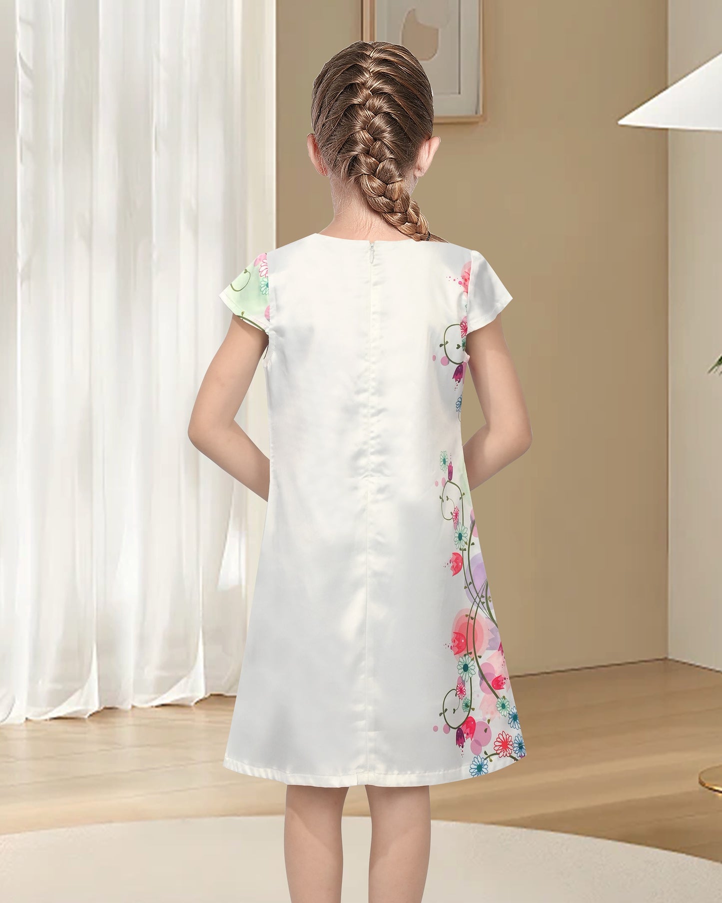 Girls Sleeveless A-Line Dress Satin Colorful Floral Print Knee Length Casual Beach Party Summer Holiday White