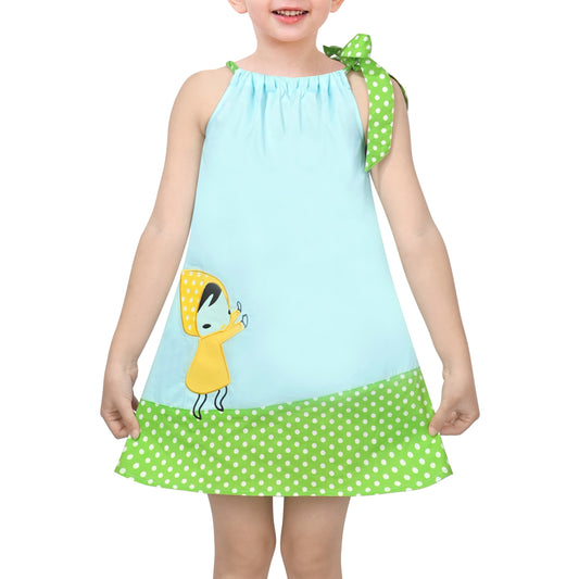 Girls Dress Blue Green Cartoon Green Polka Dot Bow Casual Summer Sundress Sleeveless Blue