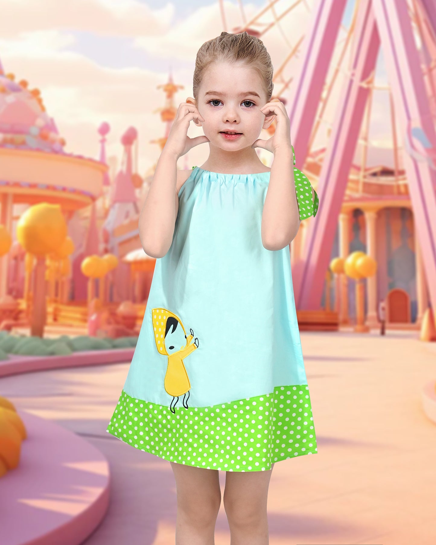 Girls Dress Blue Green Cartoon Green Polka Dot Bow Casual Summer Sundress Sleeveless Blue