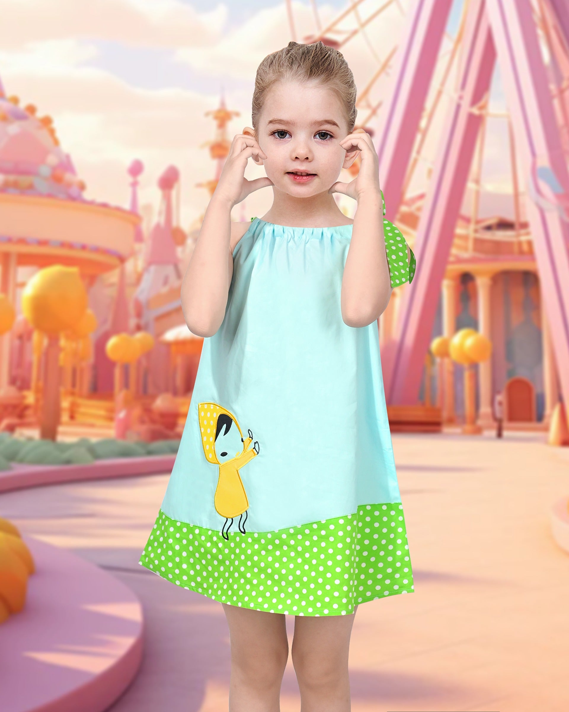 Girls Dress Blue Green Cartoon Green Polka Dot Bow Casual Summer Sundress Sleeveless Blue
