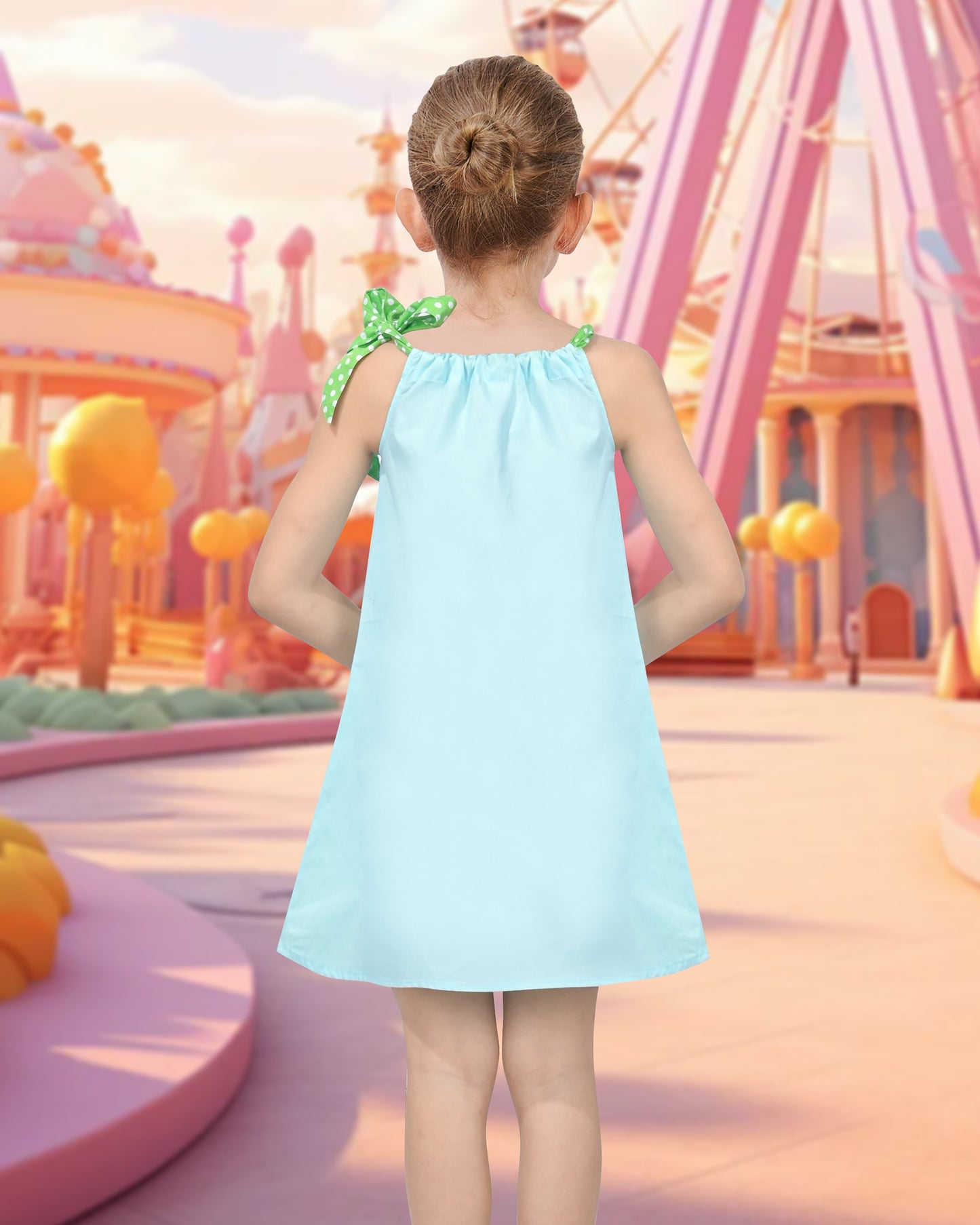 Girls Dress Blue Green Cartoon Green Polka Dot Bow Casual Summer Sundress Sleeveless Blue