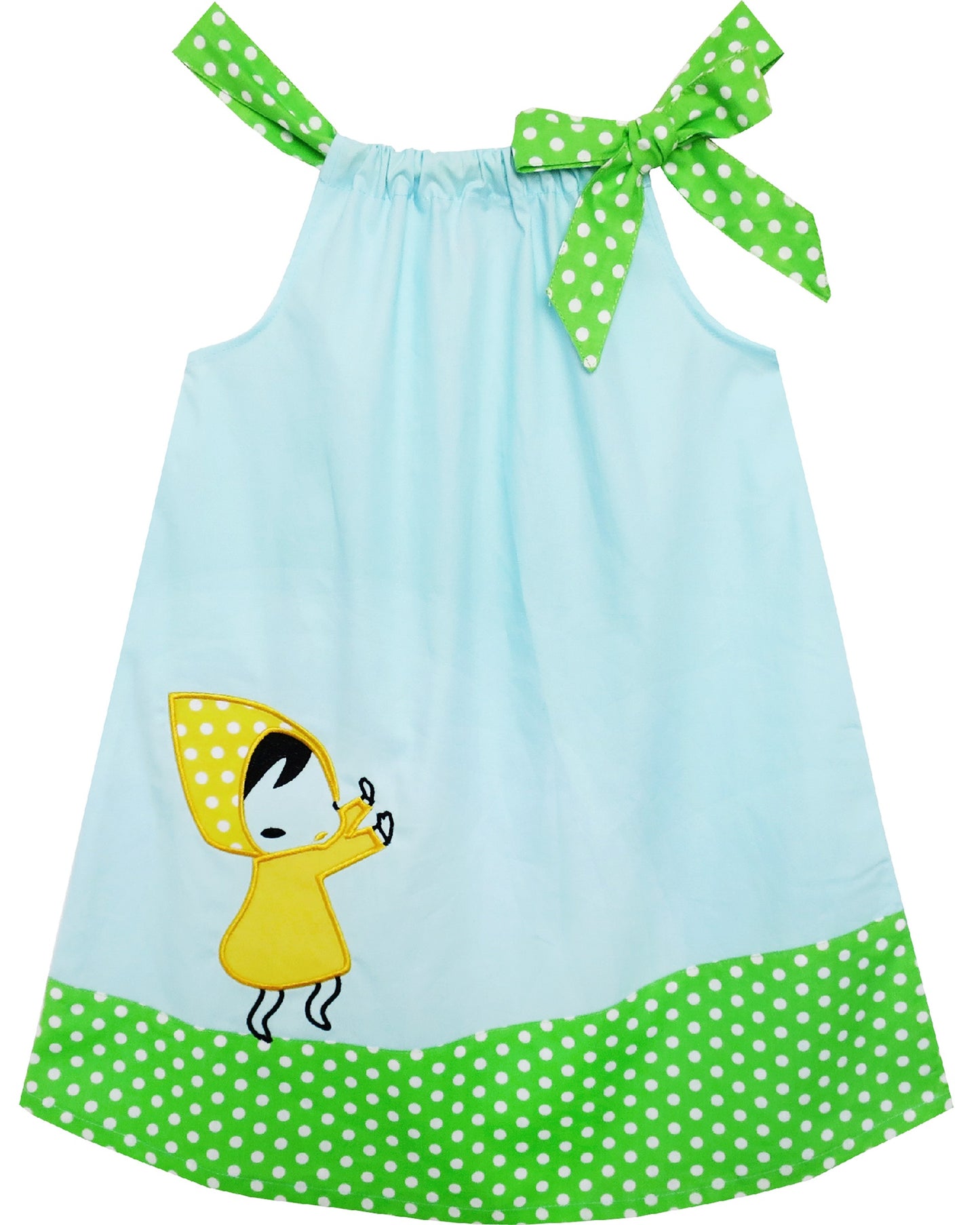 Girls Dress Blue Green Cartoon Green Polka Dot Bow Casual Summer Sundress Sleeveless Blue