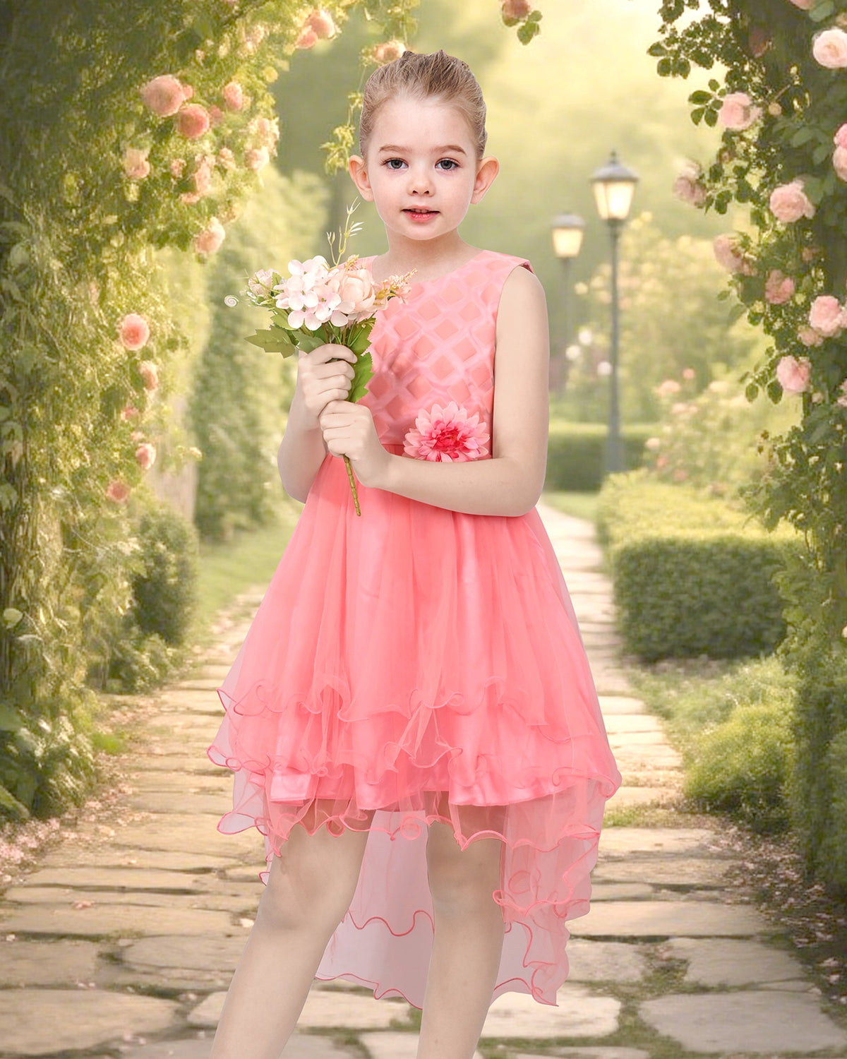Girls Dress Sequin Mesh Party Wedding Princess Tulle Red - Pink Flower