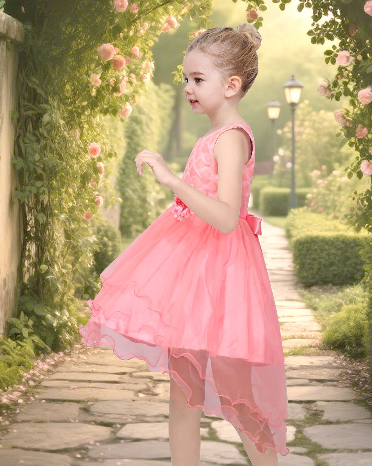 Girls Dress Sequin Mesh Party Wedding Princess Tulle Red - Pink Flower