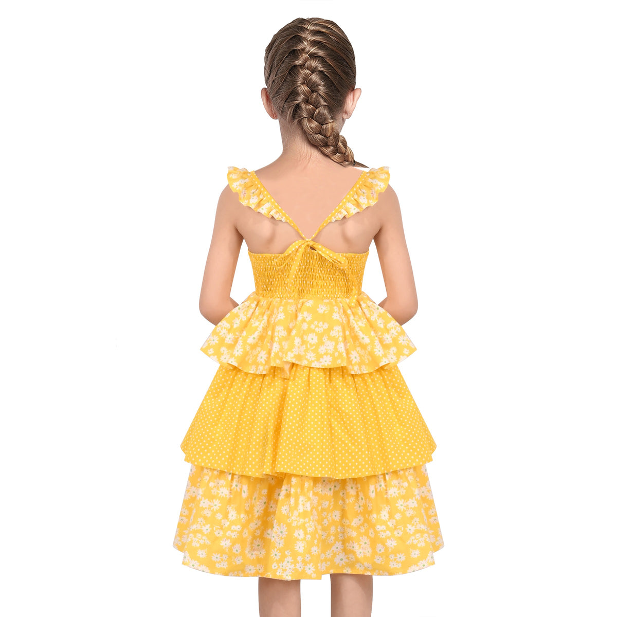Girls Dress Spaghetti Gingham Ruffle Blush Pink Cake Layer Cute Summer - Yellow floral dots