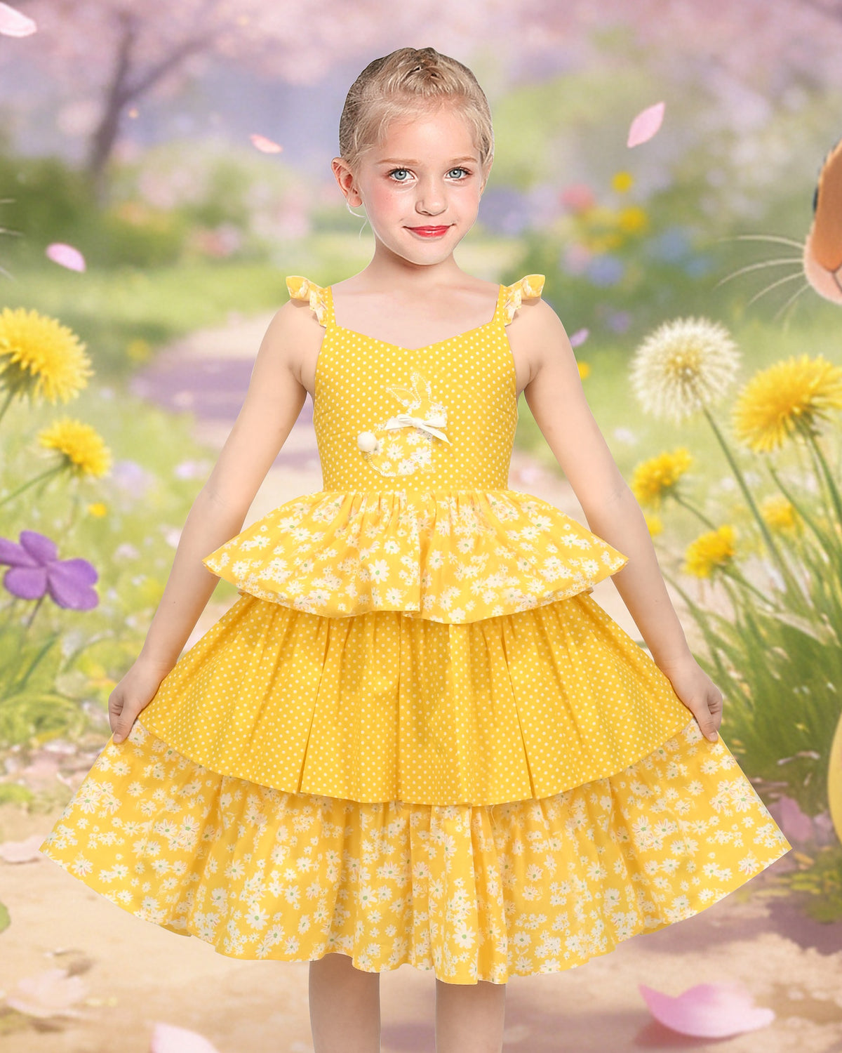 Girls Dress Spaghetti Gingham Ruffle Blush Pink Cake Layer Cute Summer - Yellow floral dots