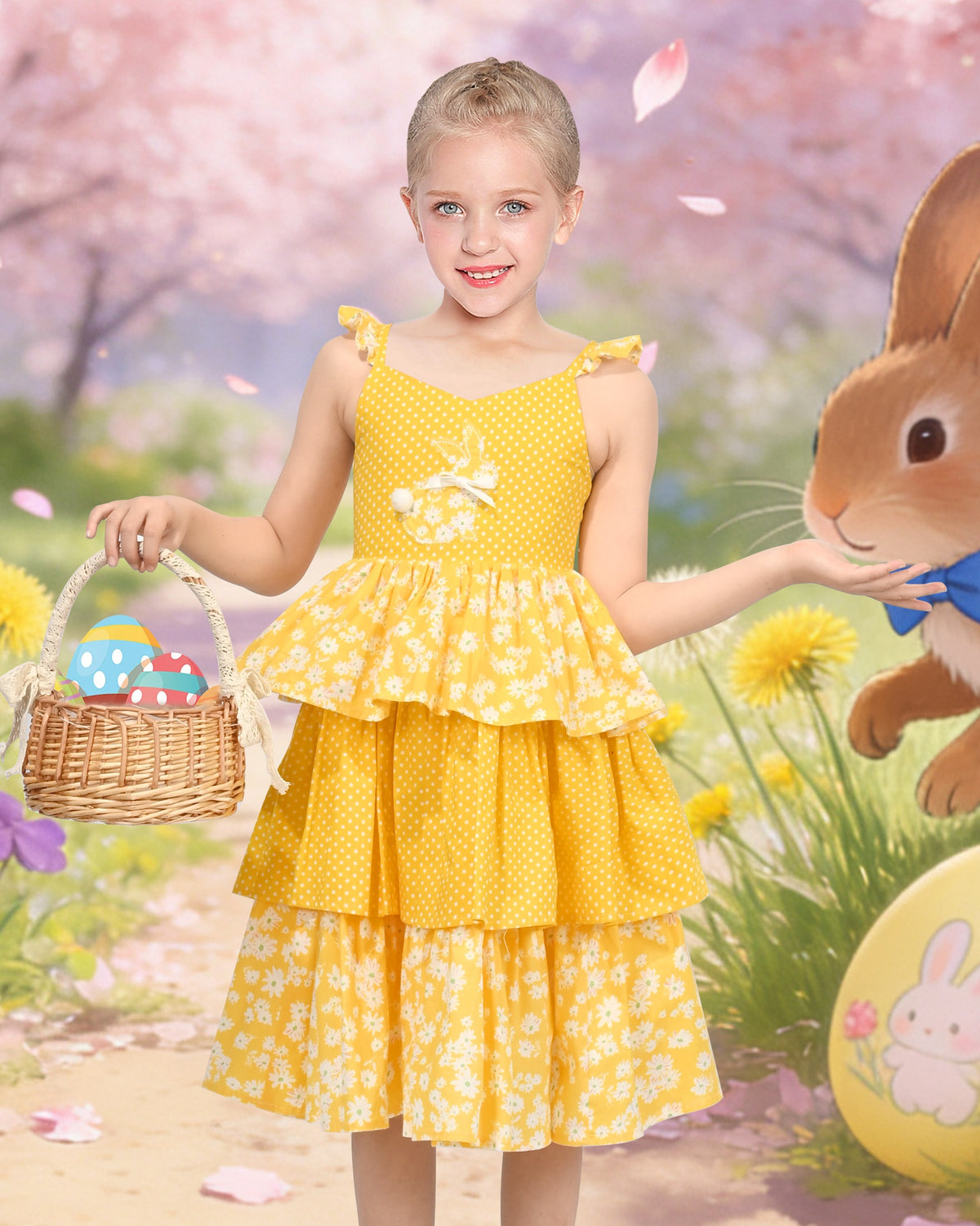 Girls Dress Spaghetti Gingham Ruffle Blush Pink Cake Layer Cute Summer - Yellow floral dots