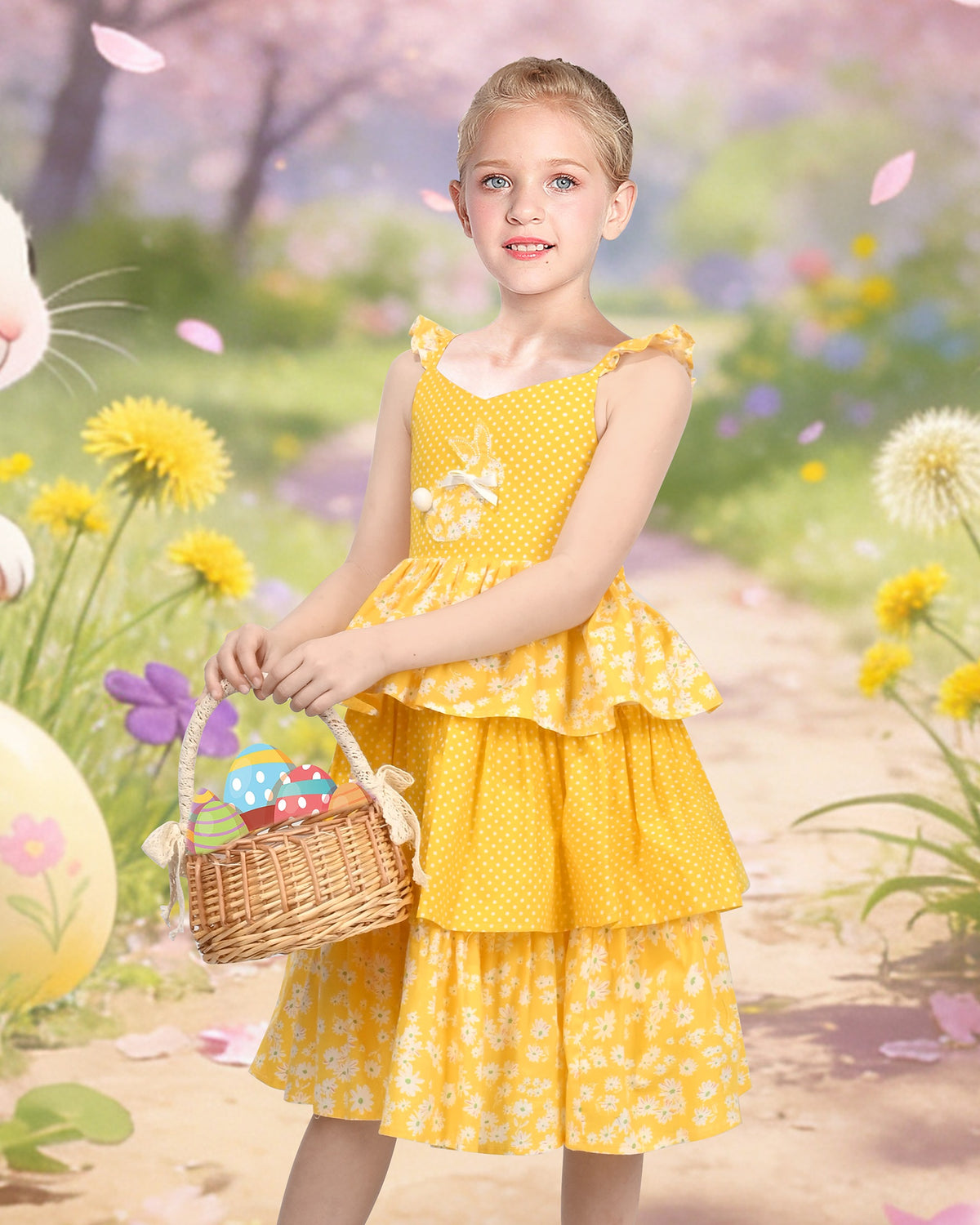 Girls Dress Spaghetti Gingham Ruffle Blush Pink Cake Layer Cute Summer - Yellow floral dots