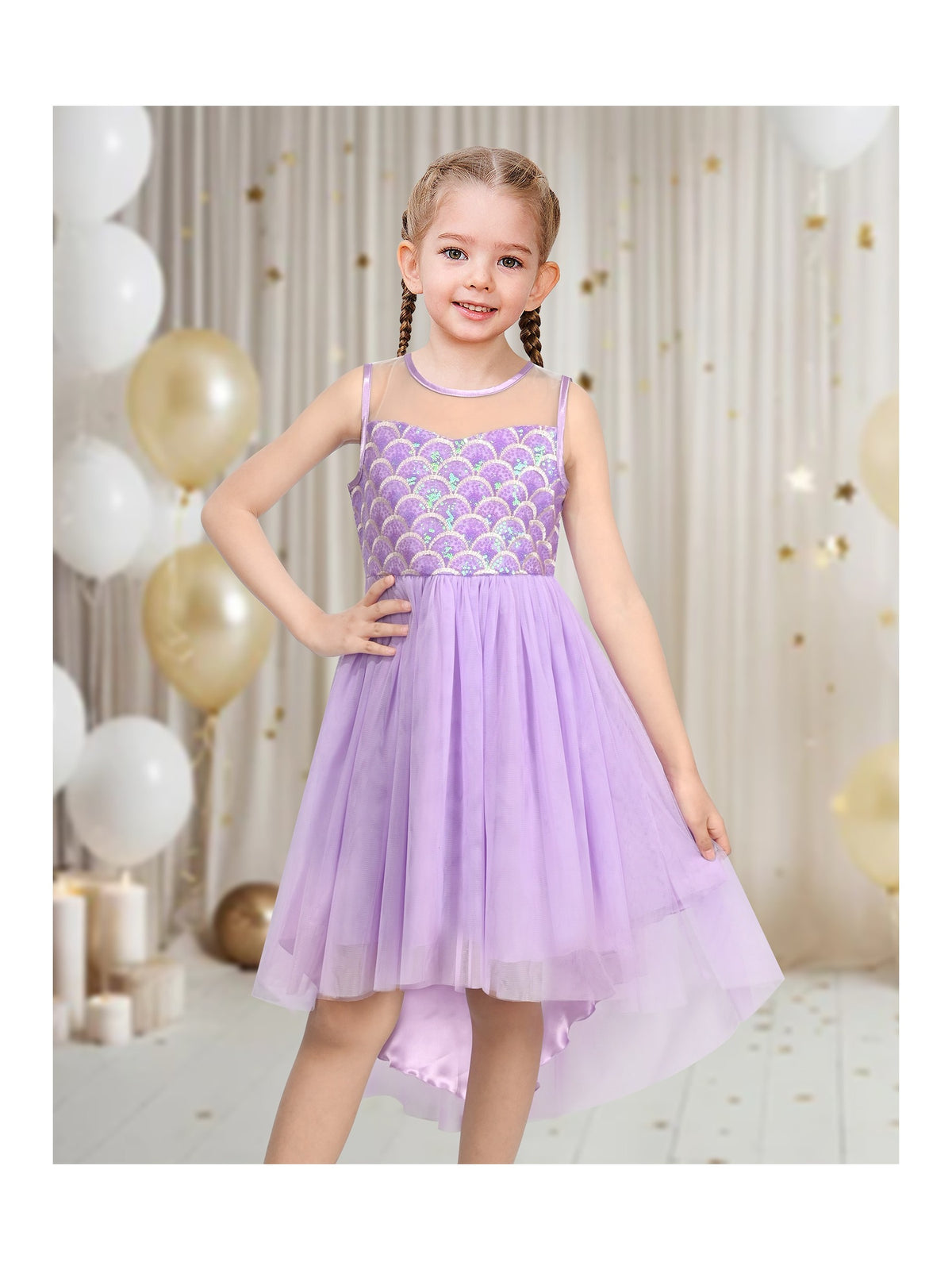 Girls Dress Peach Sequin Mermaid High Low Tulle Party Gown Fantasy Beach Formal Pageant - Purple Tail
