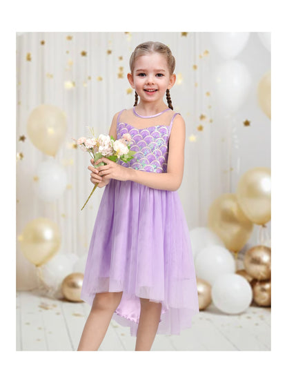 Girls Dress Peach Sequin Mermaid High Low Tulle Party Gown Fantasy Beach Formal Pageant - Purple Tail