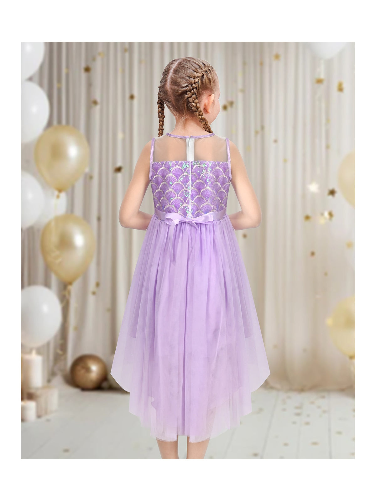 Girls Dress Peach Sequin Mermaid High Low Tulle Party Gown Fantasy Beach Formal Pageant - Purple Tail