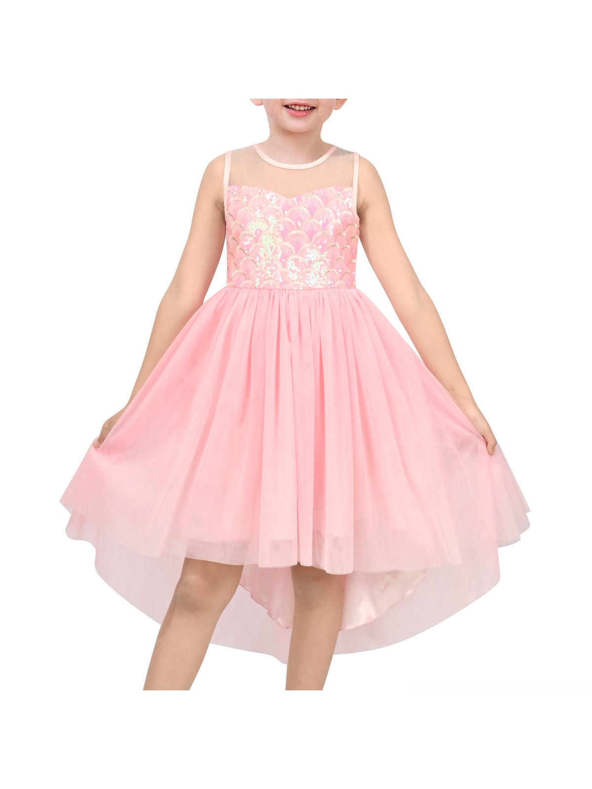 Girls Dress Peach Sequin Mermaid High Low Tulle Party Gown Fantasy Beach Formal Pageant - Pink Tail