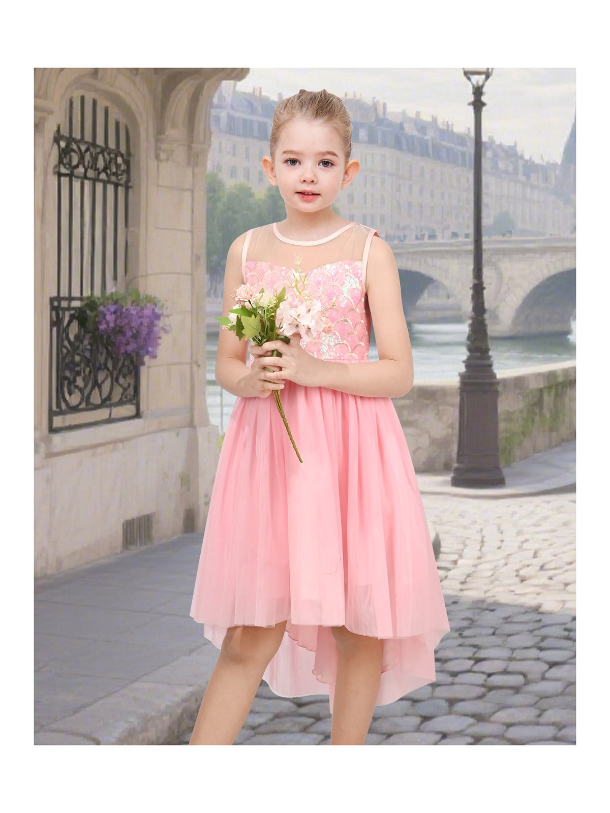 Girls Dress Peach Sequin Mermaid High Low Tulle Party Gown Fantasy Beach Formal Pageant - Pink Tail