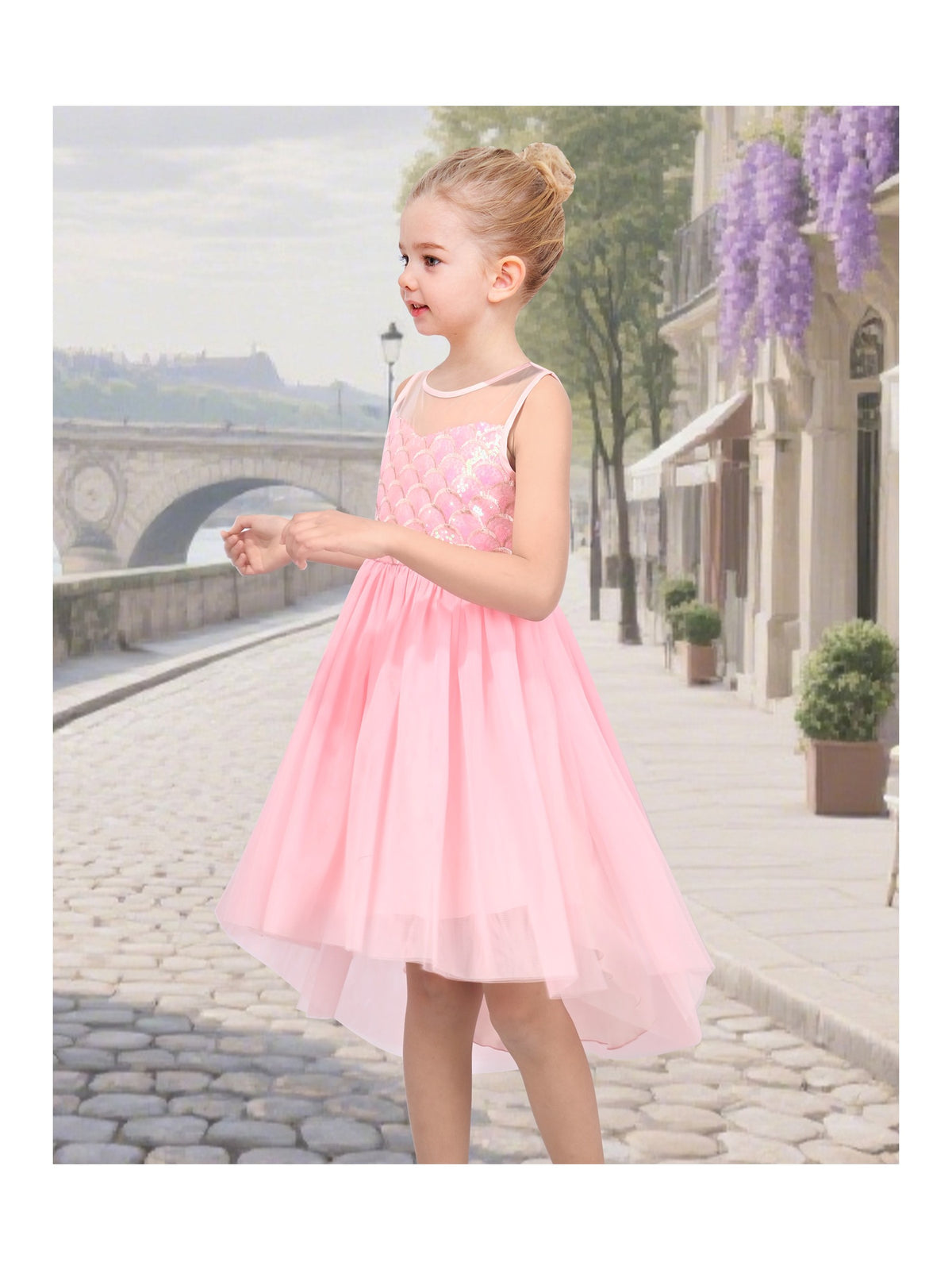 Girls Dress Peach Sequin Mermaid High Low Tulle Party Gown Fantasy Beach Formal Pageant - Pink Tail